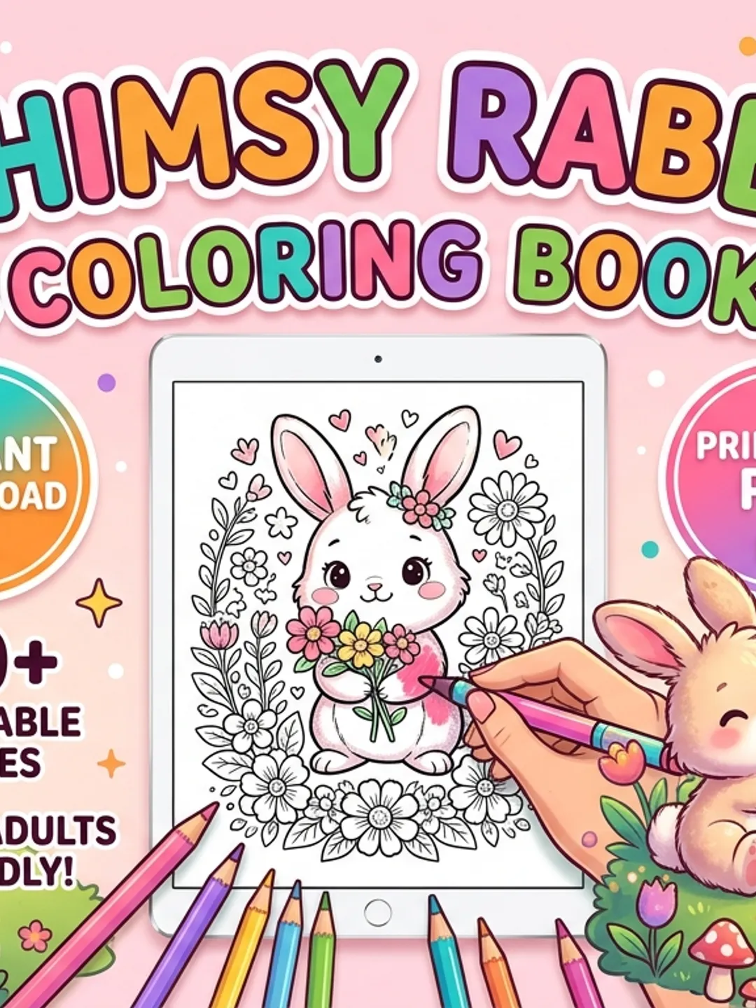 Cute Bunny Coloring Book for Kids & Adults | Whimsical Rabbit Coloring ...