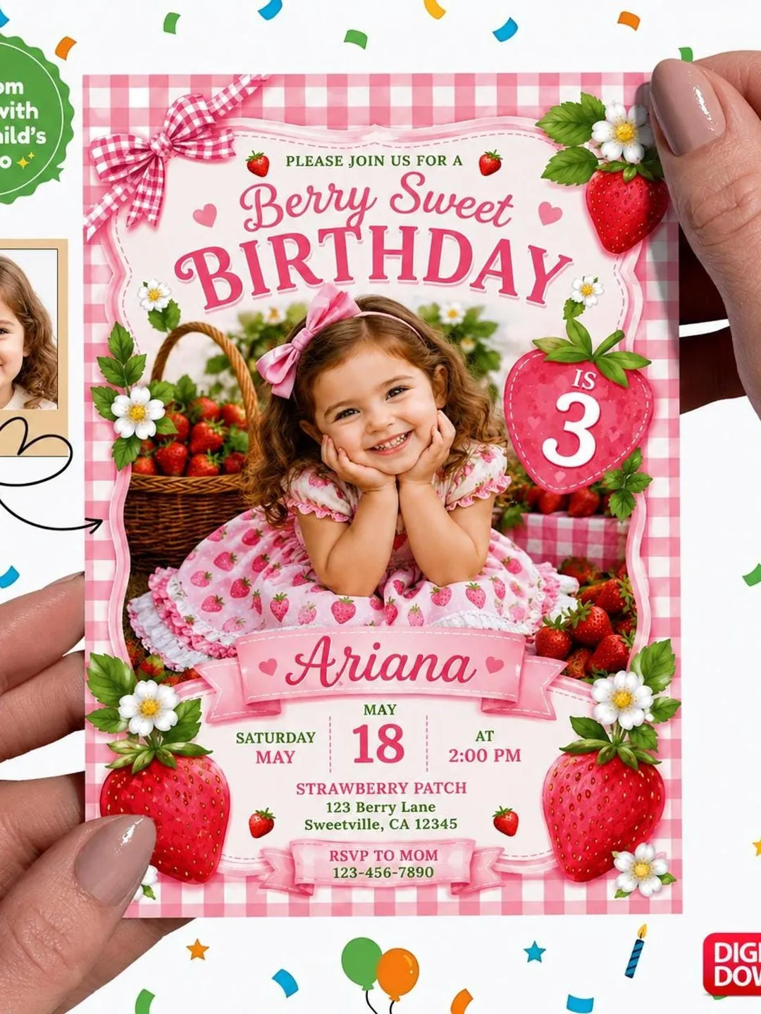 Custom Strawberry Birthday Invitation with Photo, Berry Sweet Girl Party Invite (Digital Download)
