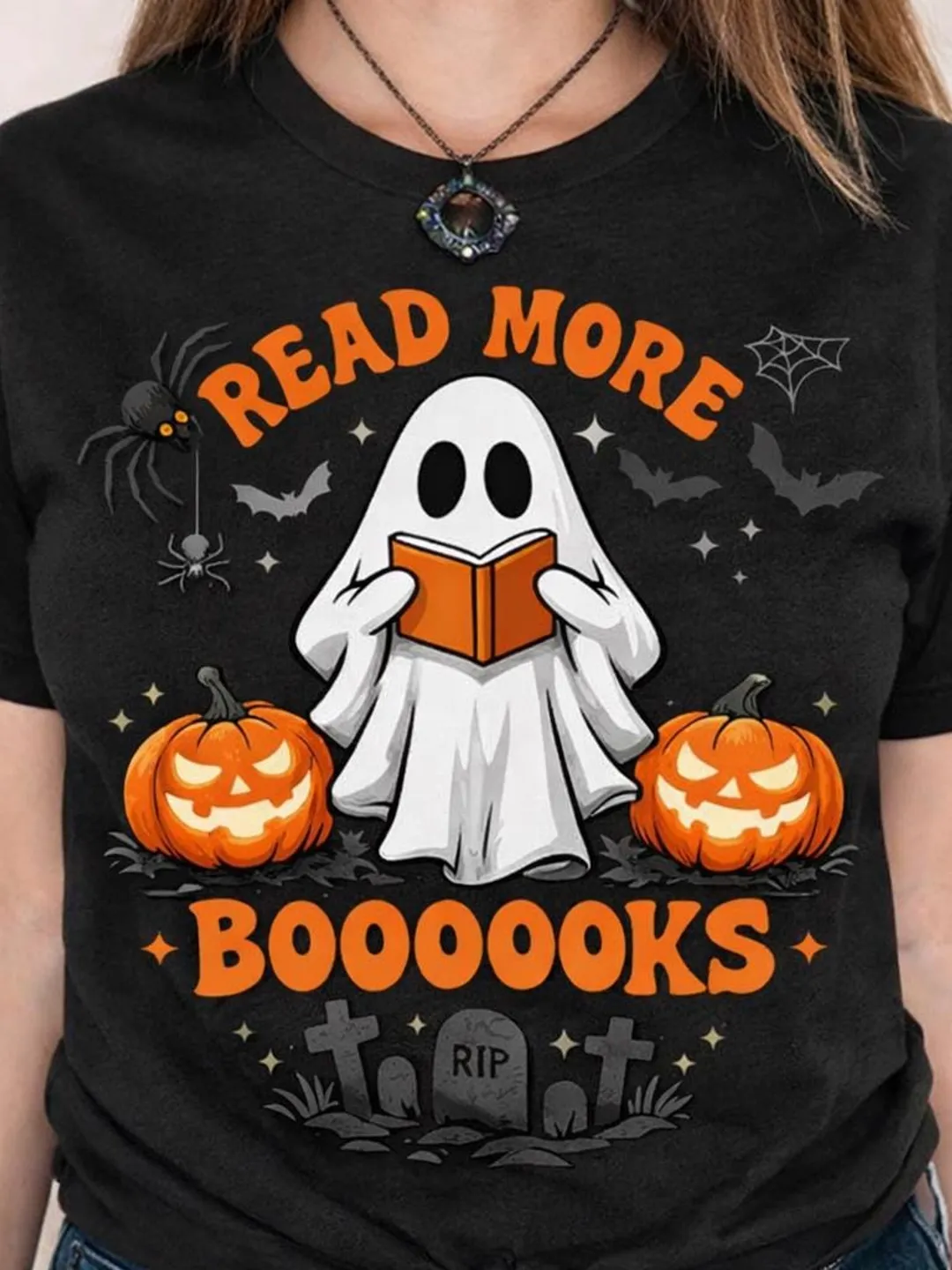 Ghost Reading Books Halloween Shirt | Spooky Teacher Costume Graphic Tee