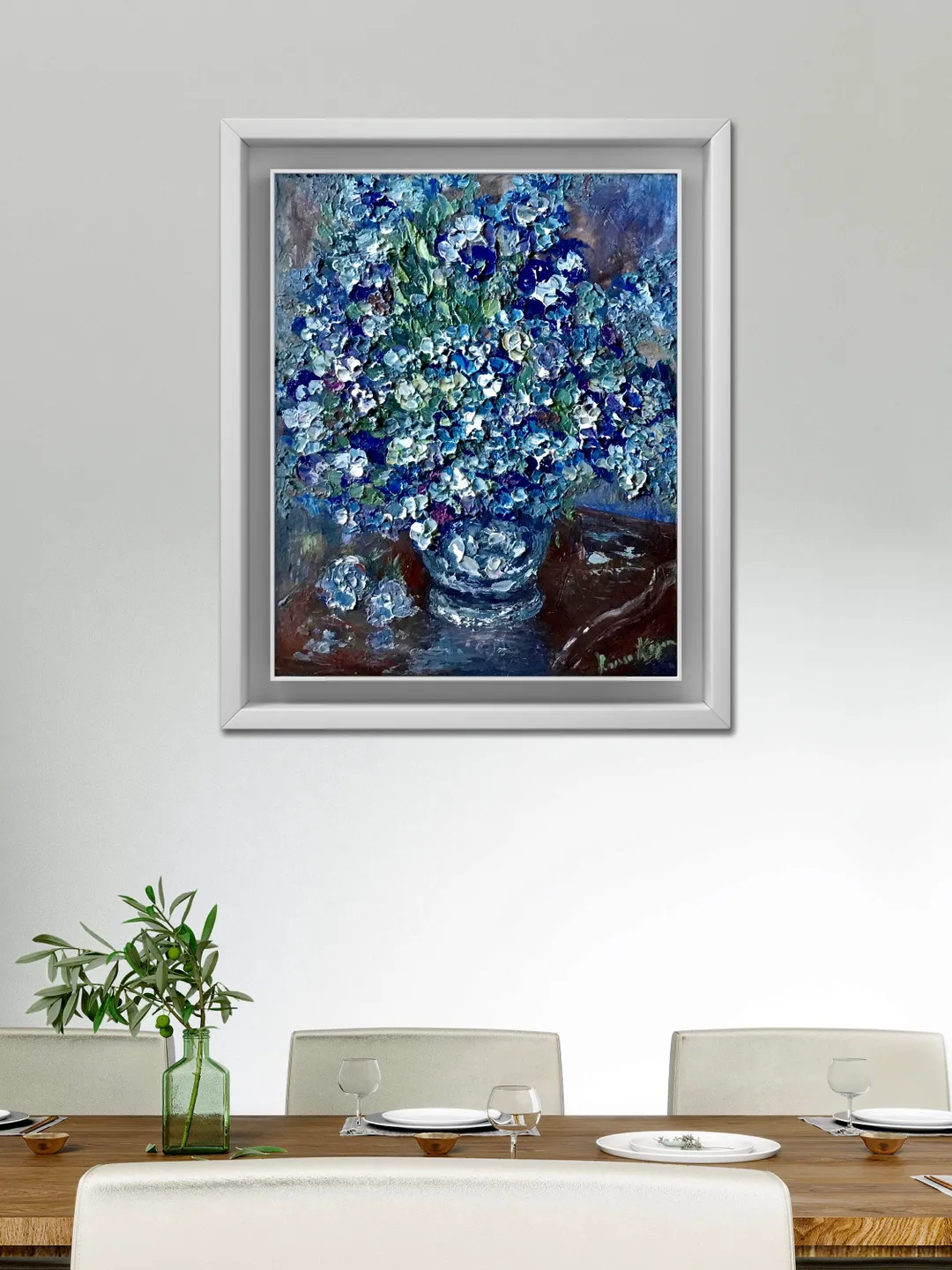 Blue flowers in a vase original oil impasto style heavy textured ...