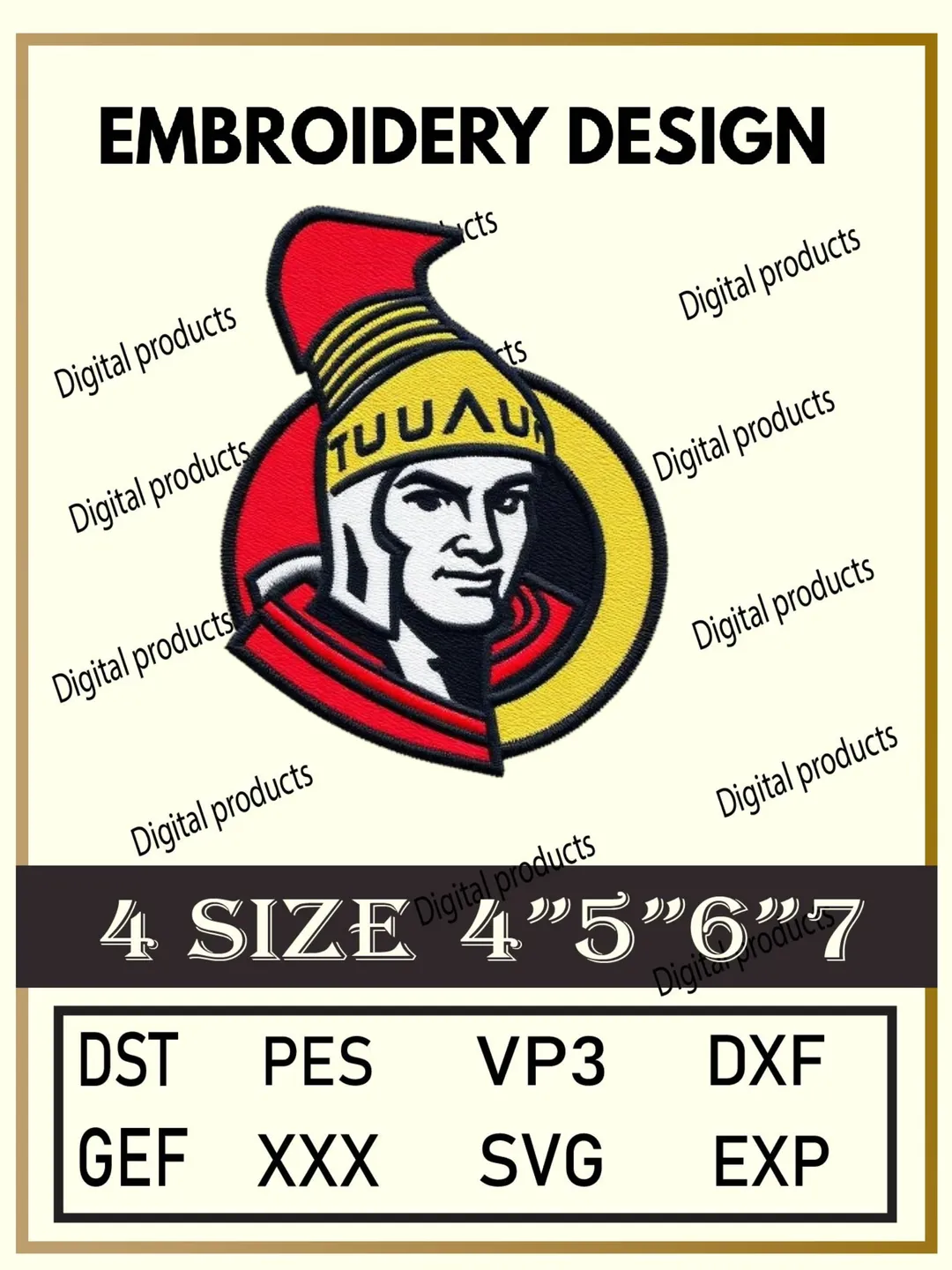 Ottawa Senators Embroidery Design Digital Logo Pattern with Roman Soldier Helmet for Machine Embroidery Projects in Four Sizes with Multiple Compatible Formats Including DST, PES, VP3, DXF, GEF, XXX, SVG, EXP