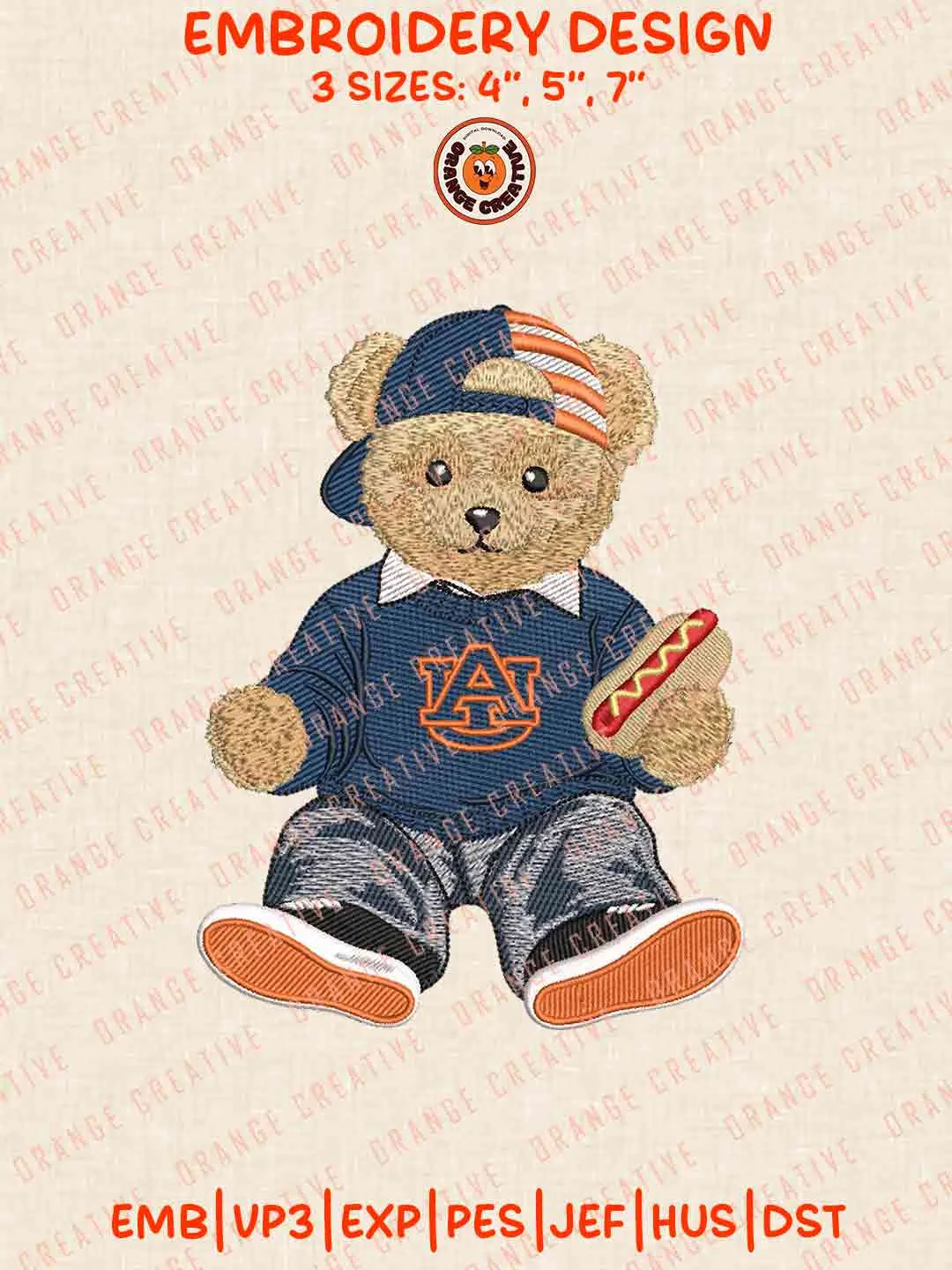 Auburn Tiger Teddy Bear Embroidery Files, Football Embroidery Designs, College Sport Machine Embroidery Files, 3 Sizes, Custom Sizes, Instant Download