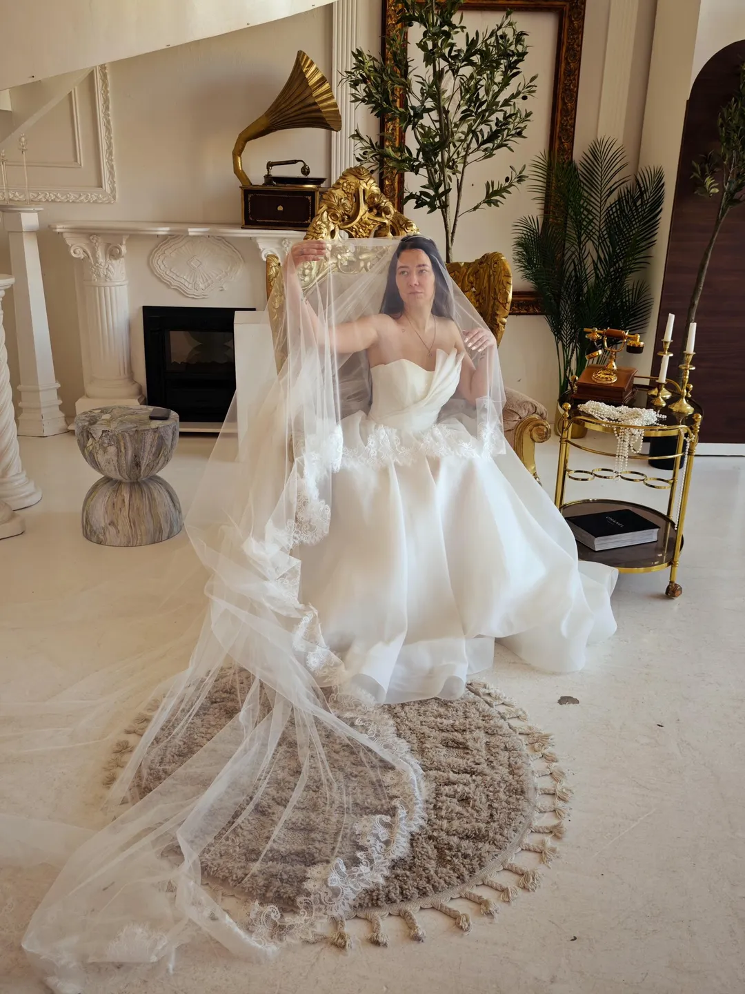 Cathedral Two-Tier Chantilly Lace Veil with Blusher  display picture 3