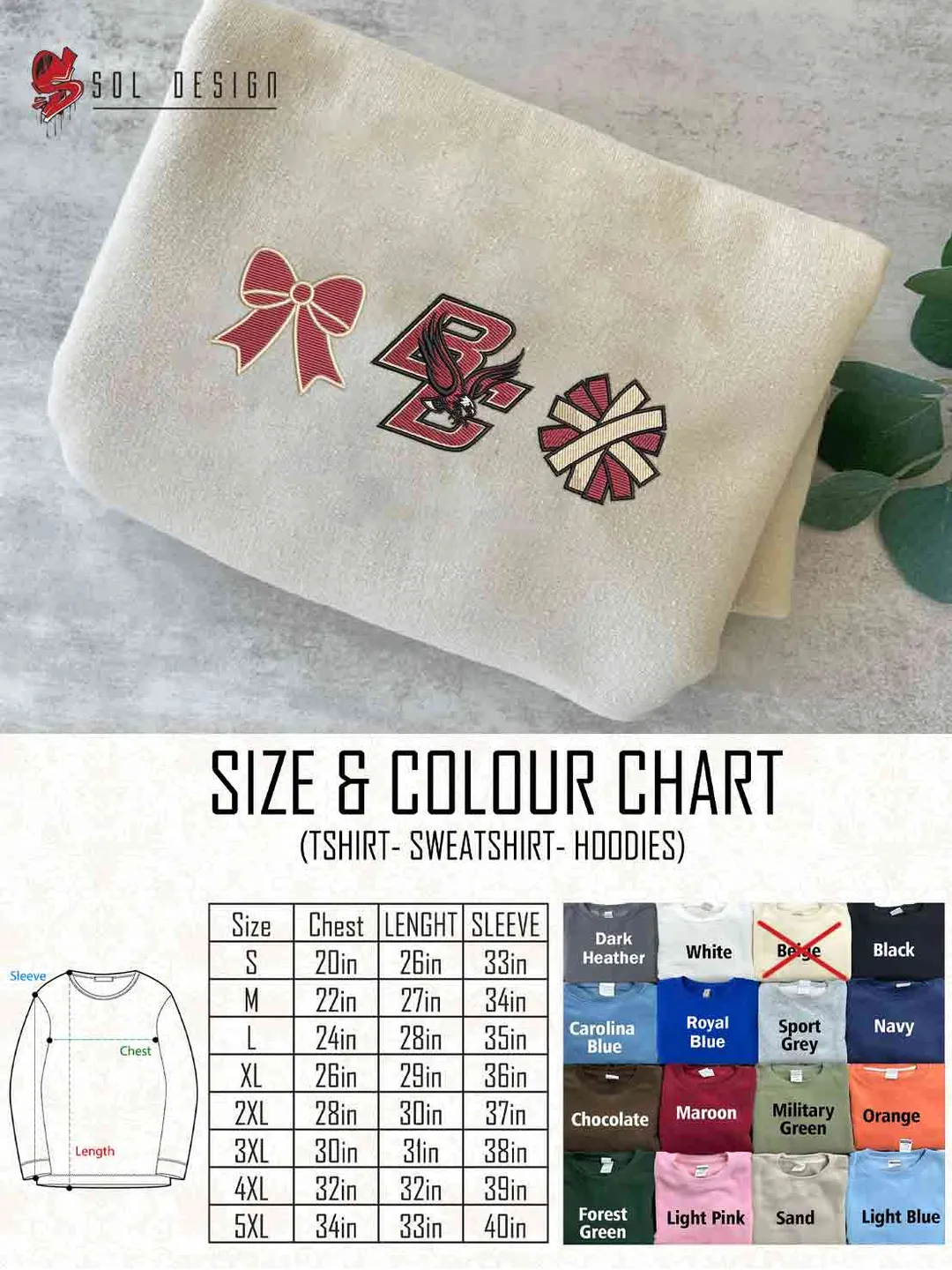Boston College Eagle Cheer Poms Bow Embroidered Sweatshirt, Football Embroidered Sweatshirt, Sport Game Day Cheerleader Shirt, Embroidered Hoodie, Unisex Crewneck, College Football Team Fan Gift Tee