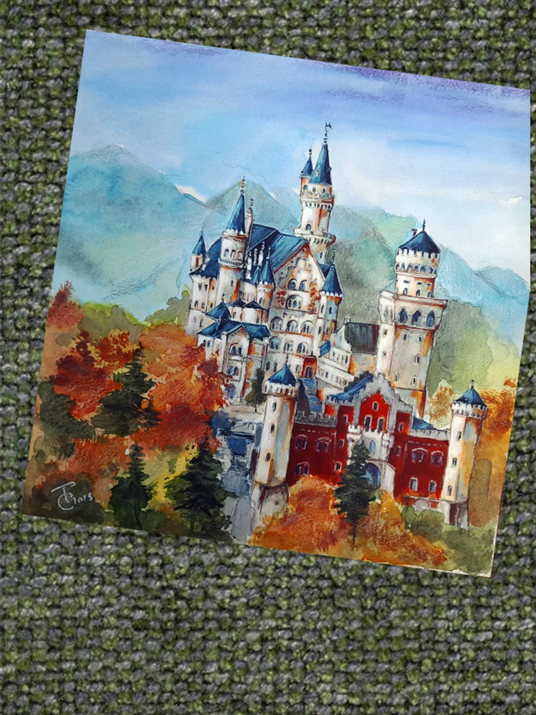 Watercolor painting Swan Castle. Bavaria 28x29,5 cm (11х11,6 inches)