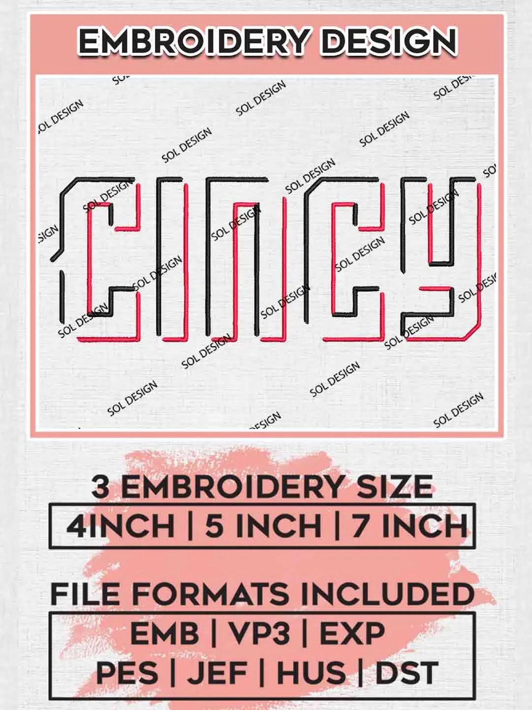 Cincy Logo Embroidery Files, MLB Cincinnati Reds Team Embroidery, MLB Teams, 3 sizes, MLB Reds Machine embroidery designs, Digital Download