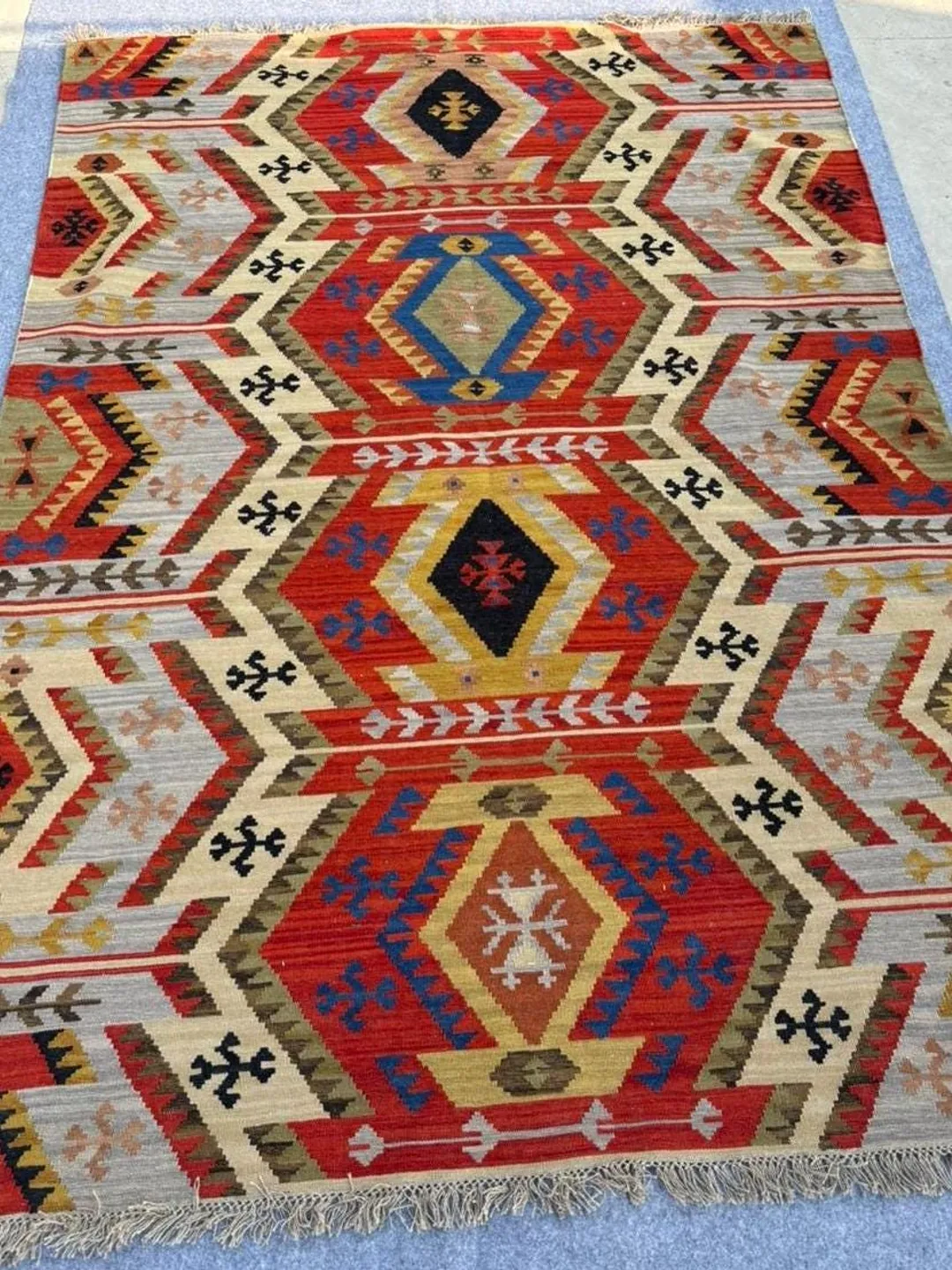 Handwoven Colorful Kilim Rug - Diamond Pattern Flatweave Carpet.