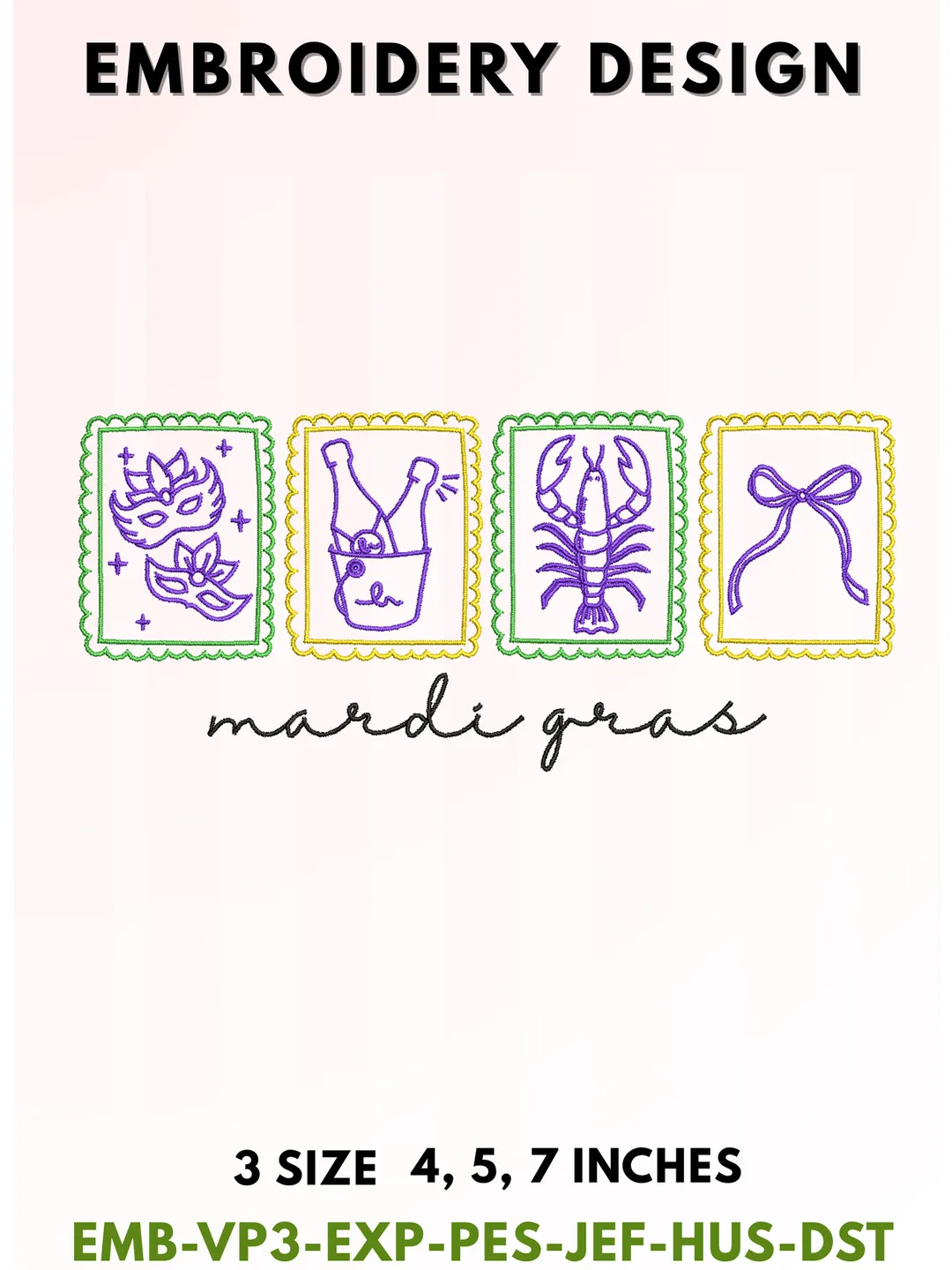 Mardi Gras Stamp Embroidery Design, Cute New Orleans Masquerade Mask Pattern, Champagne Bucket Crawfish & Ribbon Bow Typography Art, Fat Tuesday Collection, 3 Sizes