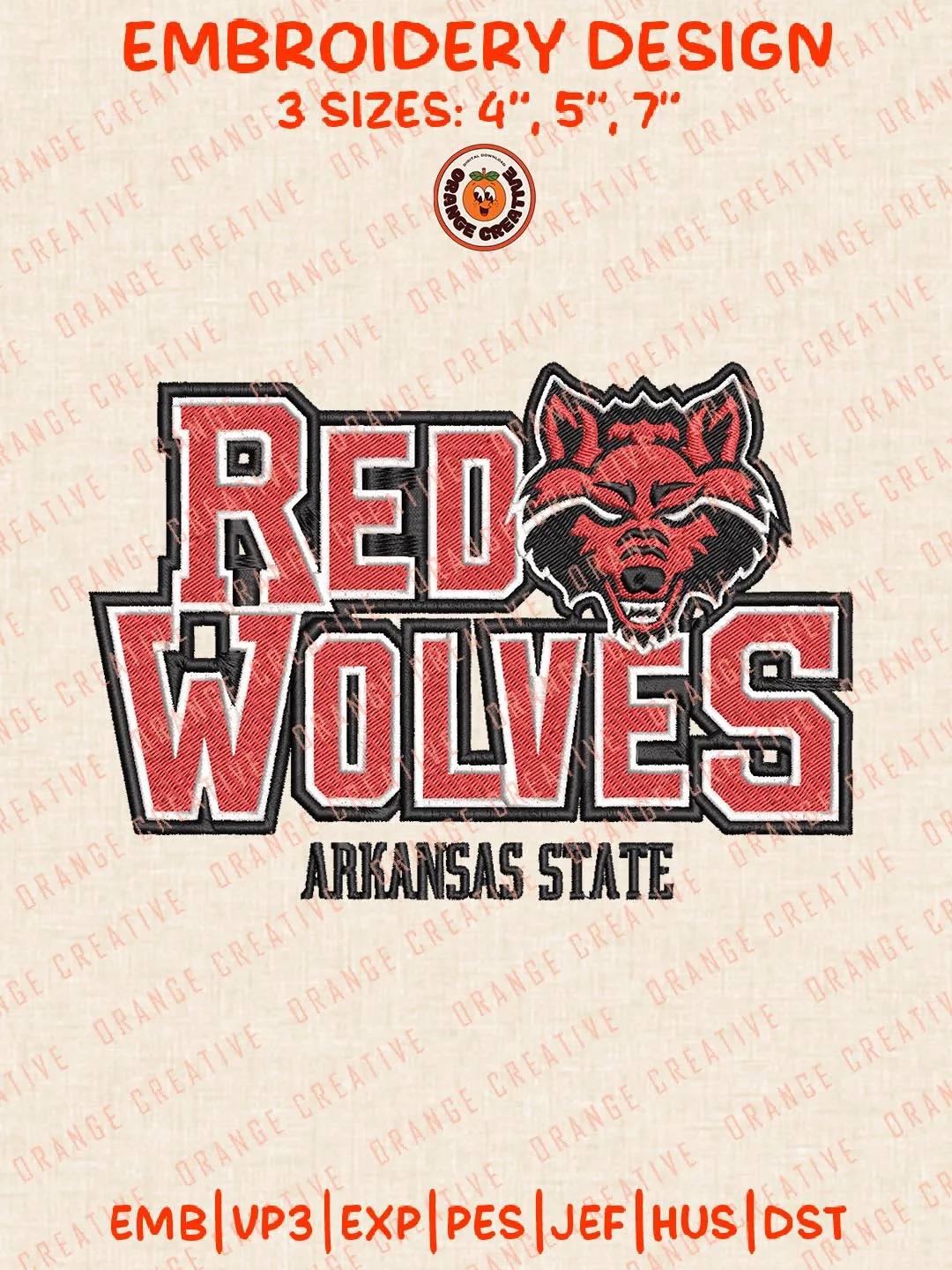 NCAA Arkansas State Red Wolves Logos Embroidery Design Files, NCAA Logos Embroidery Designs, Machine Embroidery Files, 4 Sizes, Custom Sizes, Instant Download