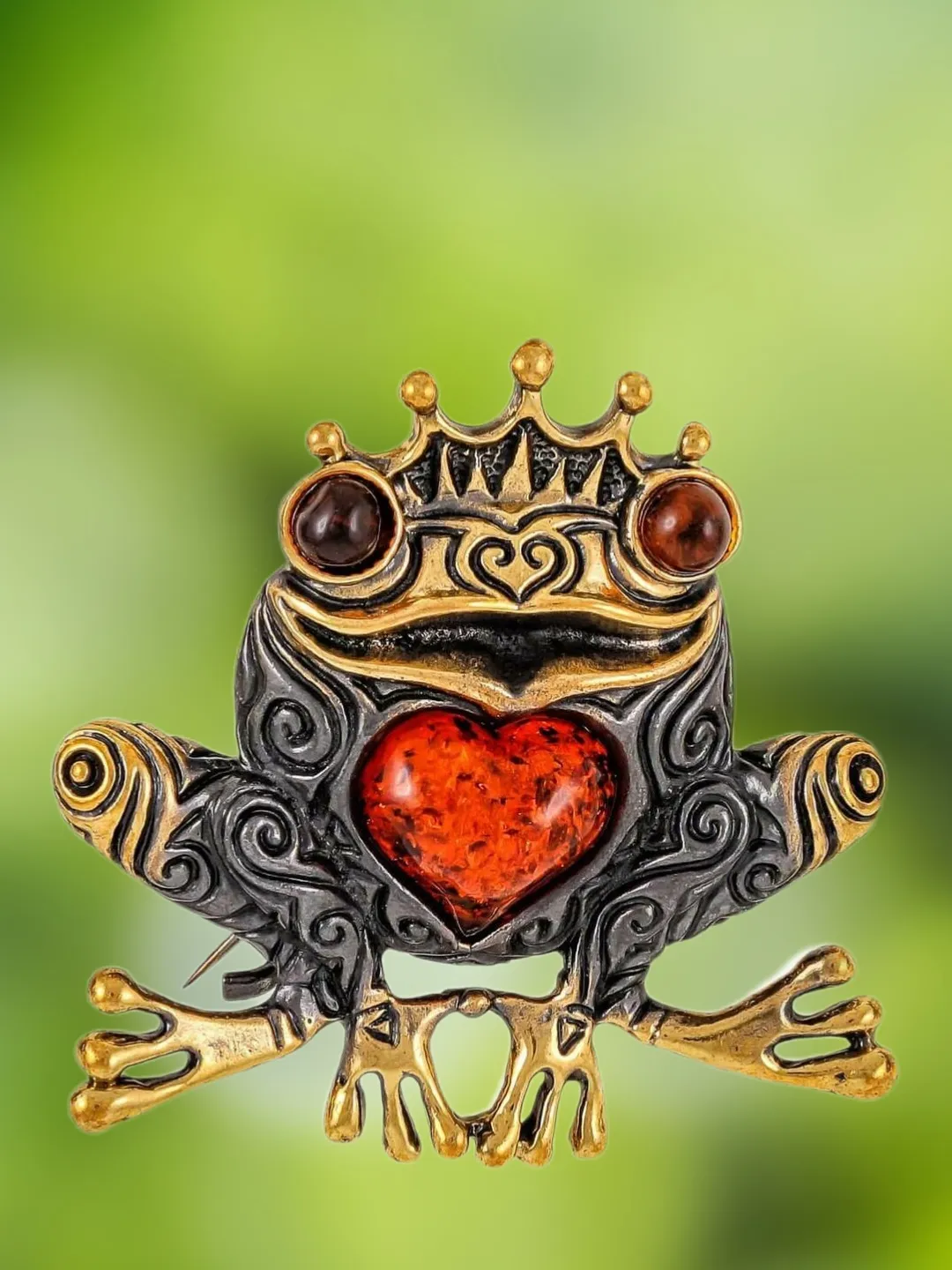 Princess Frog Brooch Gold Brass Amber Frog pin with Crown Animal Brooch Funny Jewelry women girl unique jewelry handmade