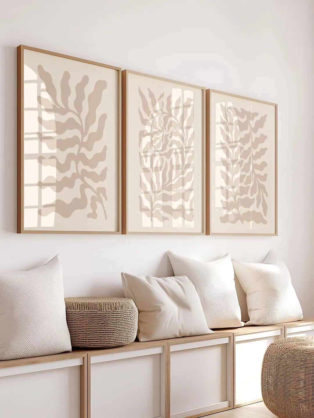 Neutral Beige Abstract Leaf Trio Minimalist Botanical Wall Art ...