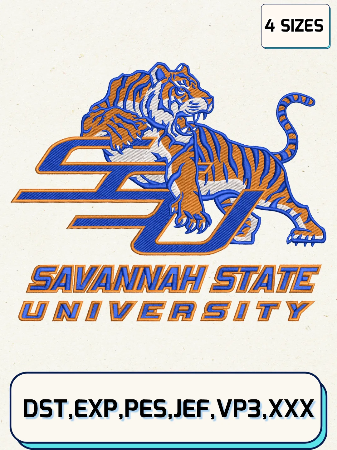 Savannah State Tigers Logos Embroidery Design Files, NCAA Logos Embroidery Designs, Machine Embroidery Files, 4 Sizes