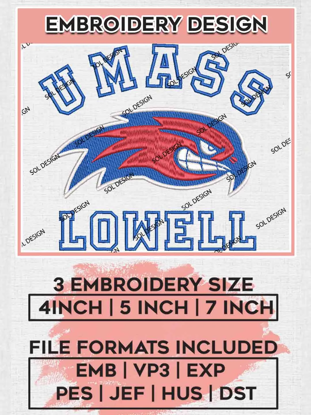 UMass Lowell Logo Embroidery Designs, NCAA Logo Embroidery files, NCAA UMass Lowell River Hawks Team, Machine embroidery designs, Instant Download