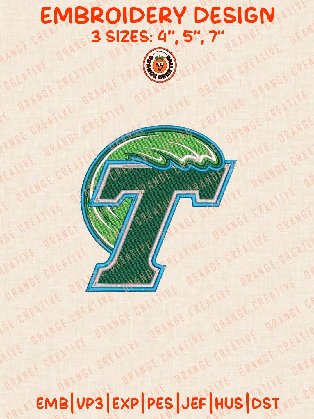 Tulane Green Wave Logos Embroidery Design Files, NCAA Logos Embroidery Designs, Machine Embroidery Files, 4 Sizes, Custom Sizes