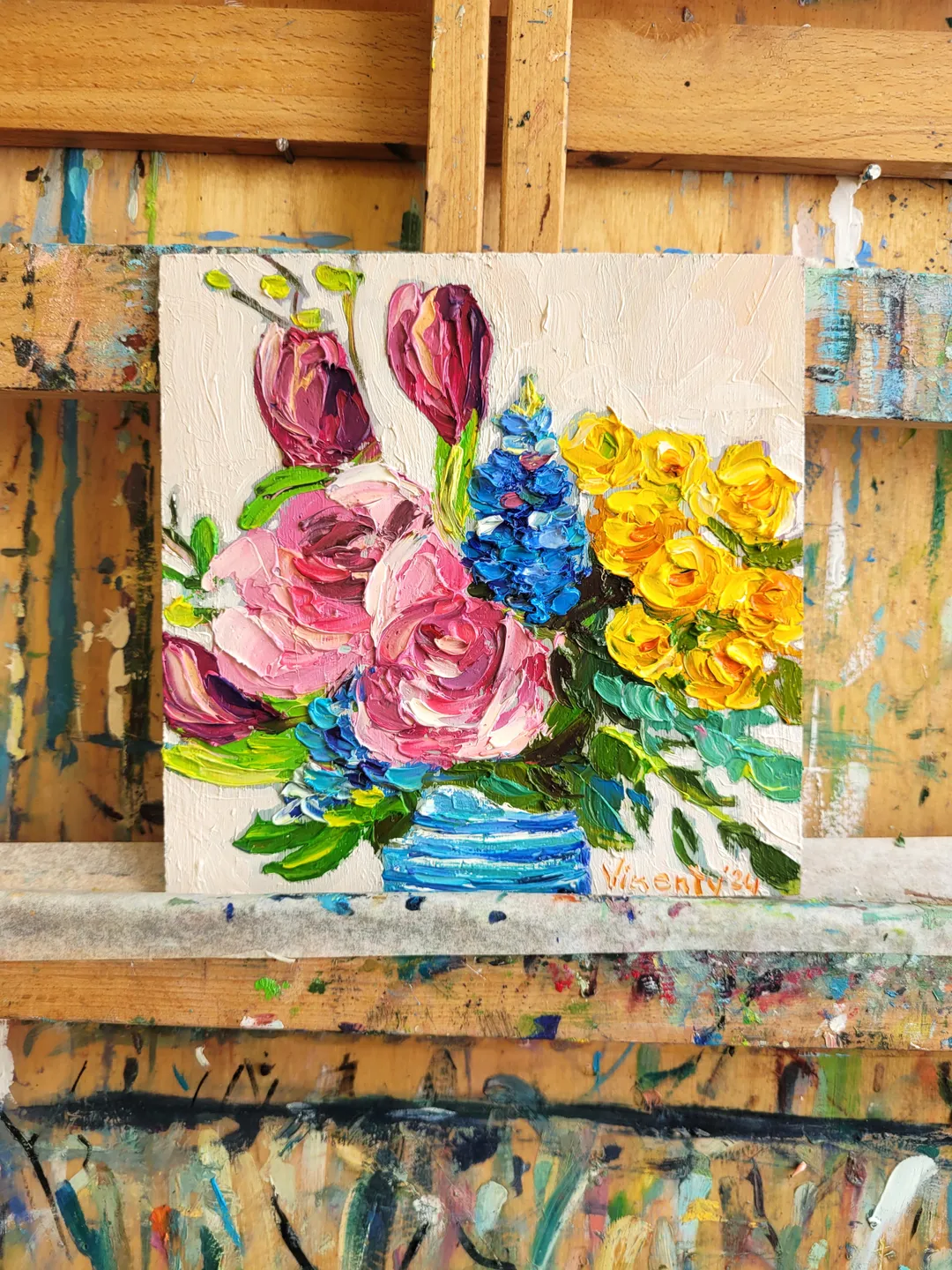 Bluebonnet Painting Rose Oil Painting Original Art Impasto Oil Painting ...