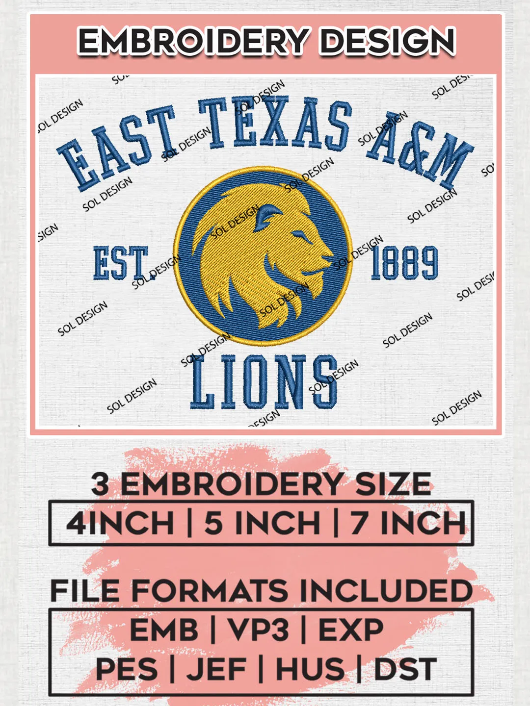 East Texas A&M Lions College Team Est 1889  Logo Embroidery Design Files, NCAA East Texas A&M Lions Machine Embroidery, NCAA Teams, 3 sizes, NCAA Machine embroidery designs, Digital Download