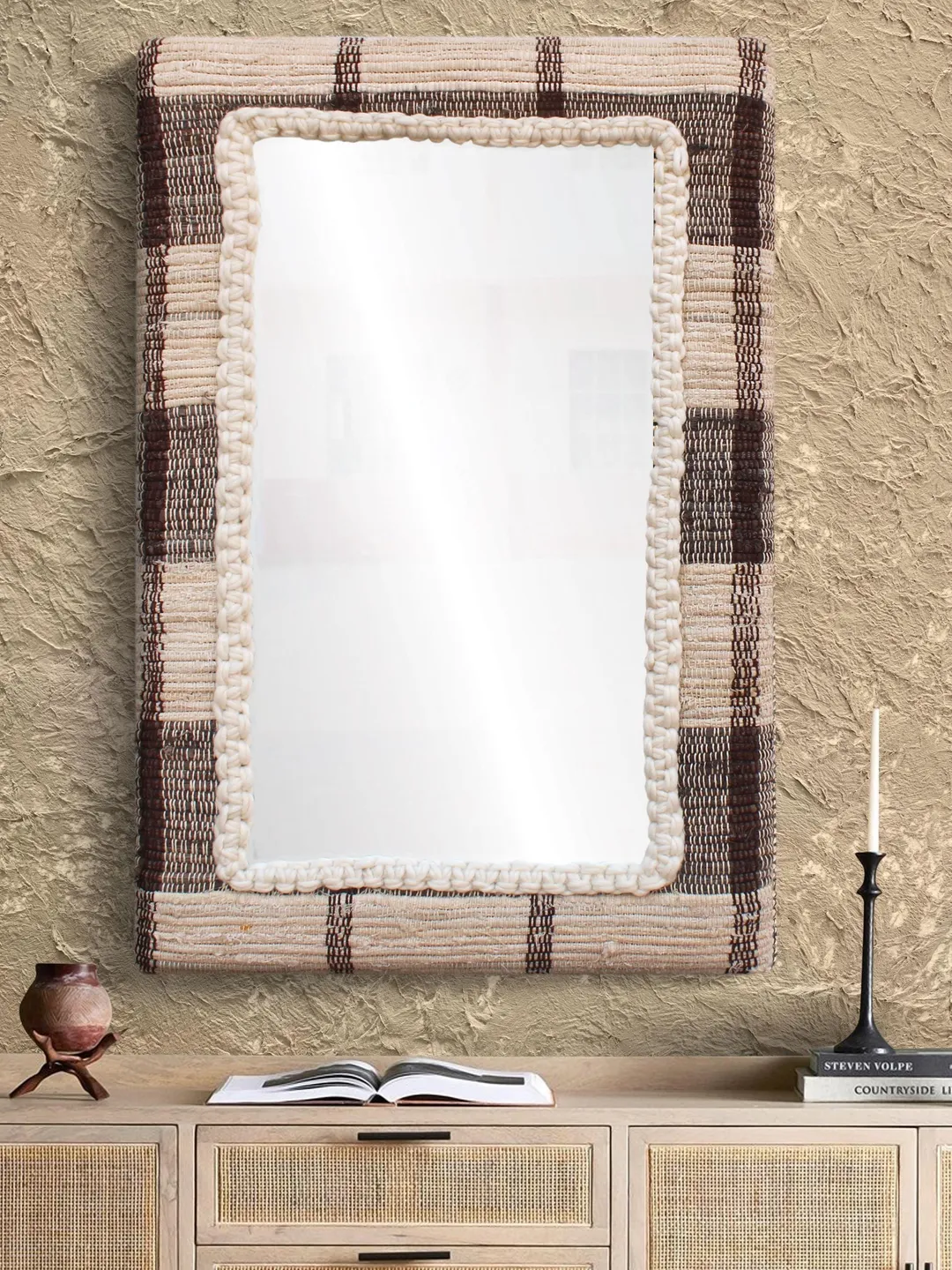Handwoven Wool and Jute Mirror: Rustic Boho Wall Accent