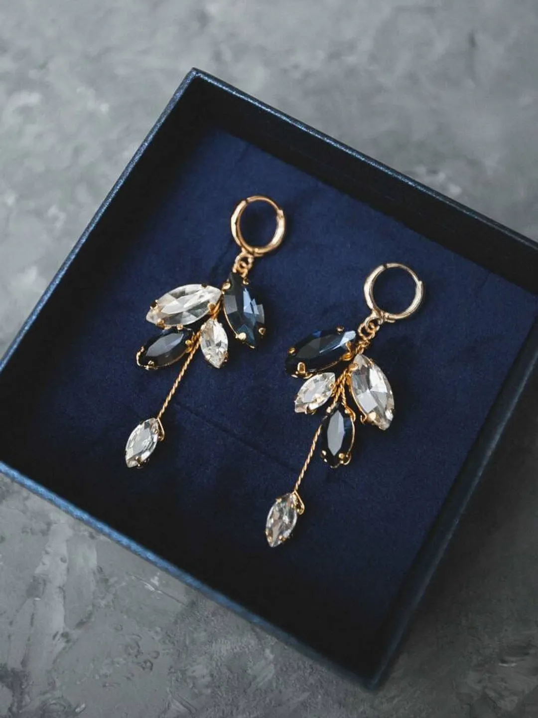 Navy blue earrings for bride Small sapphire earrings Crystal wedding earrings Golden silver dangle earrings with rhinestones Something blue