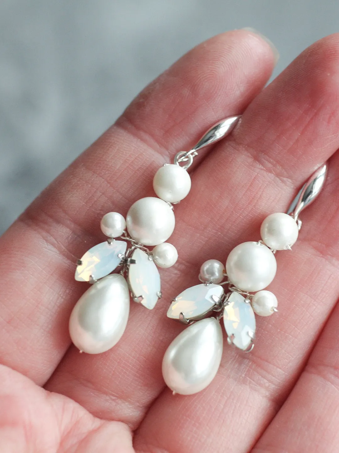 White opal earrings with pearl Boho wedding earrings Small light blue earrings Golden/silver/rose gold dangle earrings with rhinestones