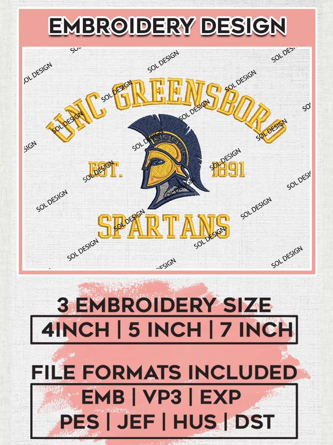 UNC Greensboro Spartans Est 1891 Embroidery Designs, NCAA UNC Greensboro Spartans Team Embroidery, NCAA Team Logo, 3 sizes, Machine embroidery Files, Digital Download