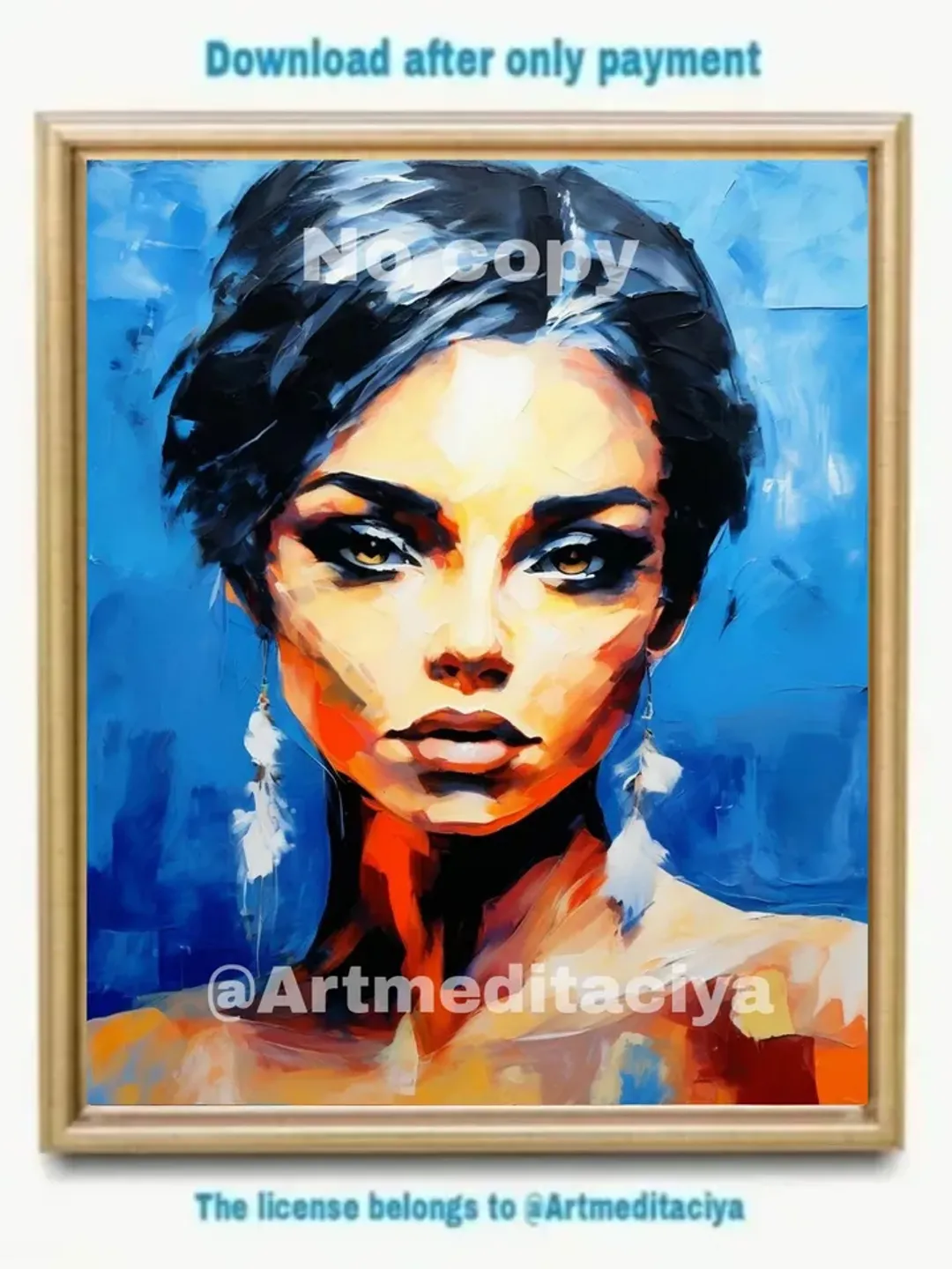 Digital abstract texture painting "Girl" in the style of oil painting with a palette knife on an abstract blue-blue background. This is a concise image of a beautiful brunette of European appearance with brown expressive eyes and abstract large white feat