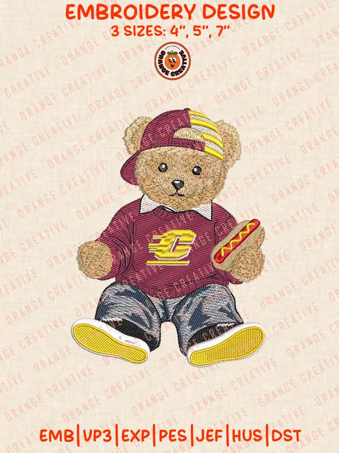 Cute Teddy Bear Central Michigan Chippewas Logo Embroidery Files, NCAA Team Embroidery Design, Machine Embroidery Design File, 4 Sizes, Custom Size, Digital Download