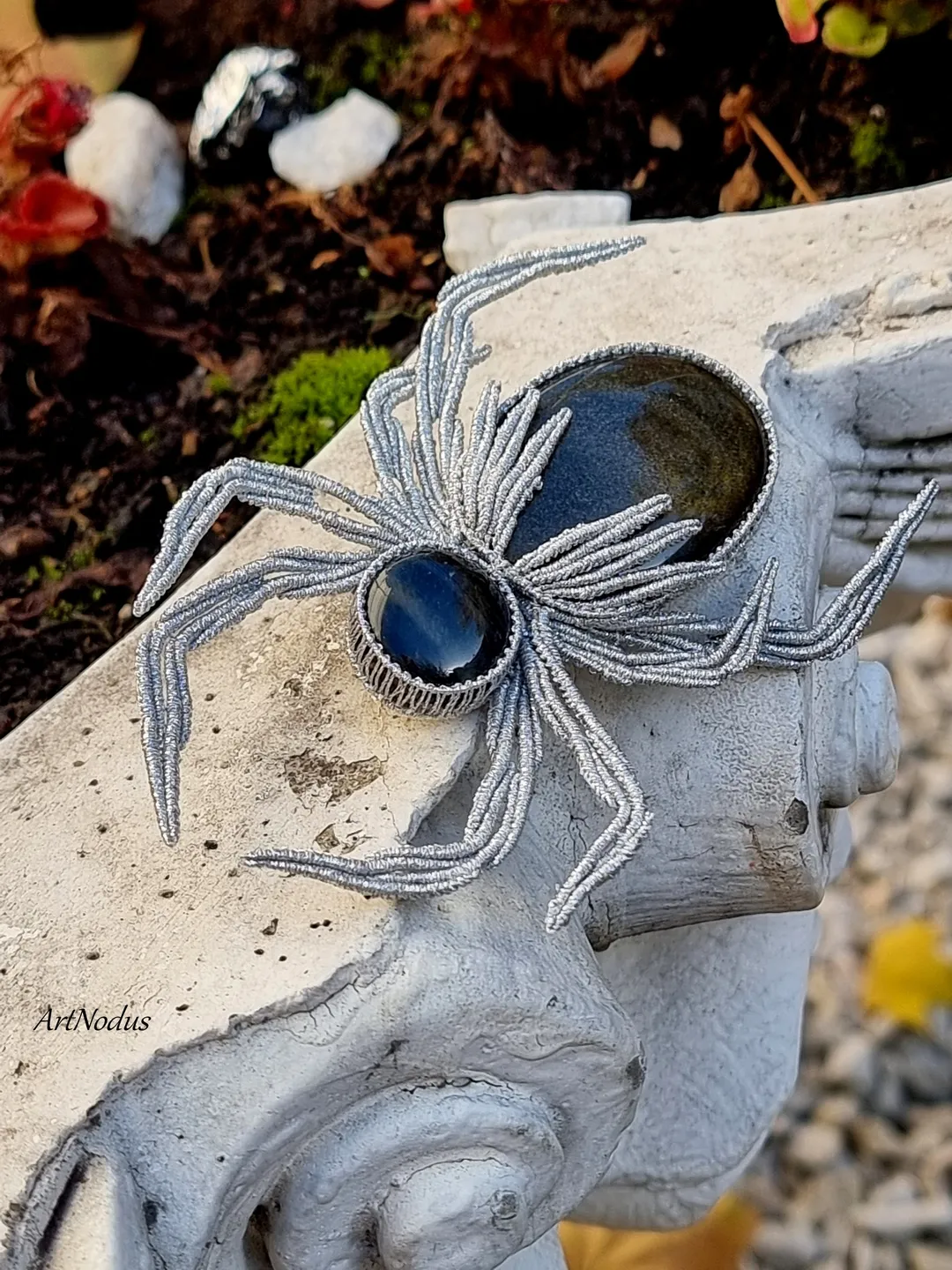 Silver Obsidian Spider brooch