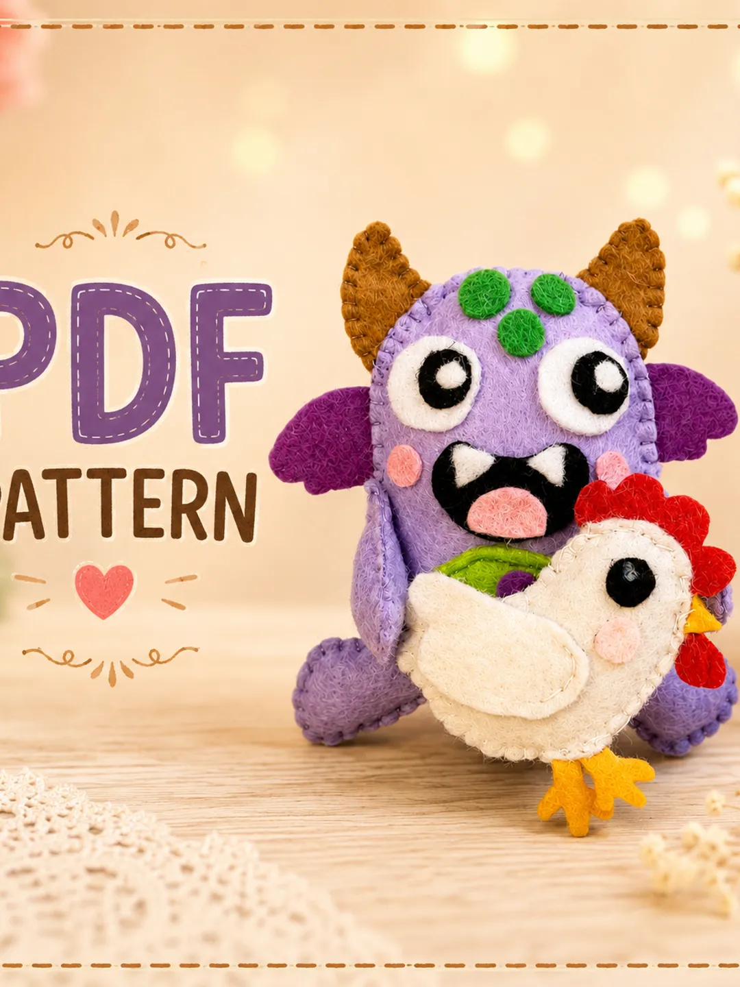 Felt Monster and Chicken PDF Sewing Pattern – Beginner Halloween Craft (Instant Download)