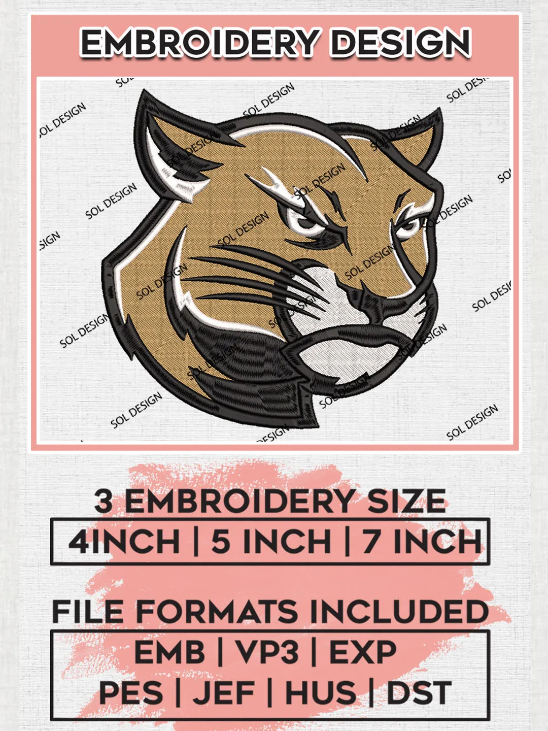 NCAA SIU Edwardsville Cougars Team Head Mascot Logo Embroidery Design Files, NCAA SIU Edwardsville Cougars Machine Embroidery, NCAA Teams, 3 sizes, NCAA Machine embroidery designs, Digital Download