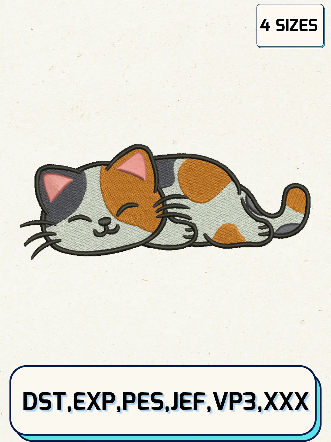 Lazy Cat Embroidery Design Files, Animal Logos Embroidery Designs, Machine Embroidery Files, 4 Sizes