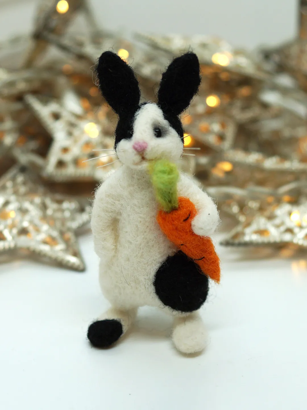 Bruno the rabbit, miniature needle felted black and white rabbit with a carrot, made to order