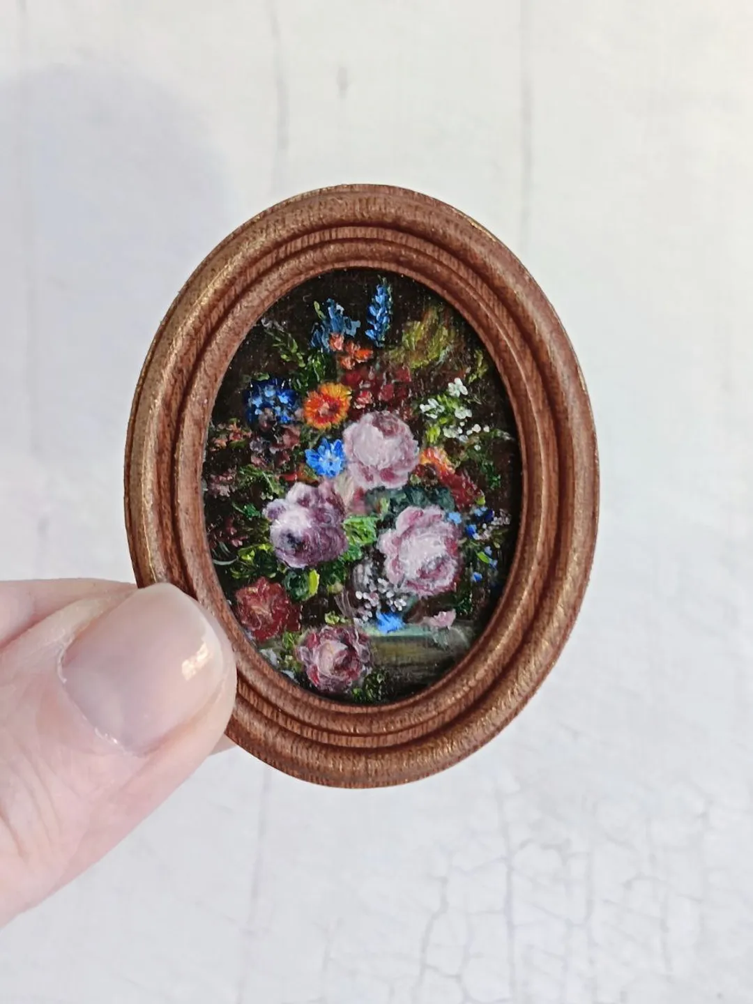Miniature original oil painting with flowers in vintage style for dollhouses in 1/12, 1/6 scale