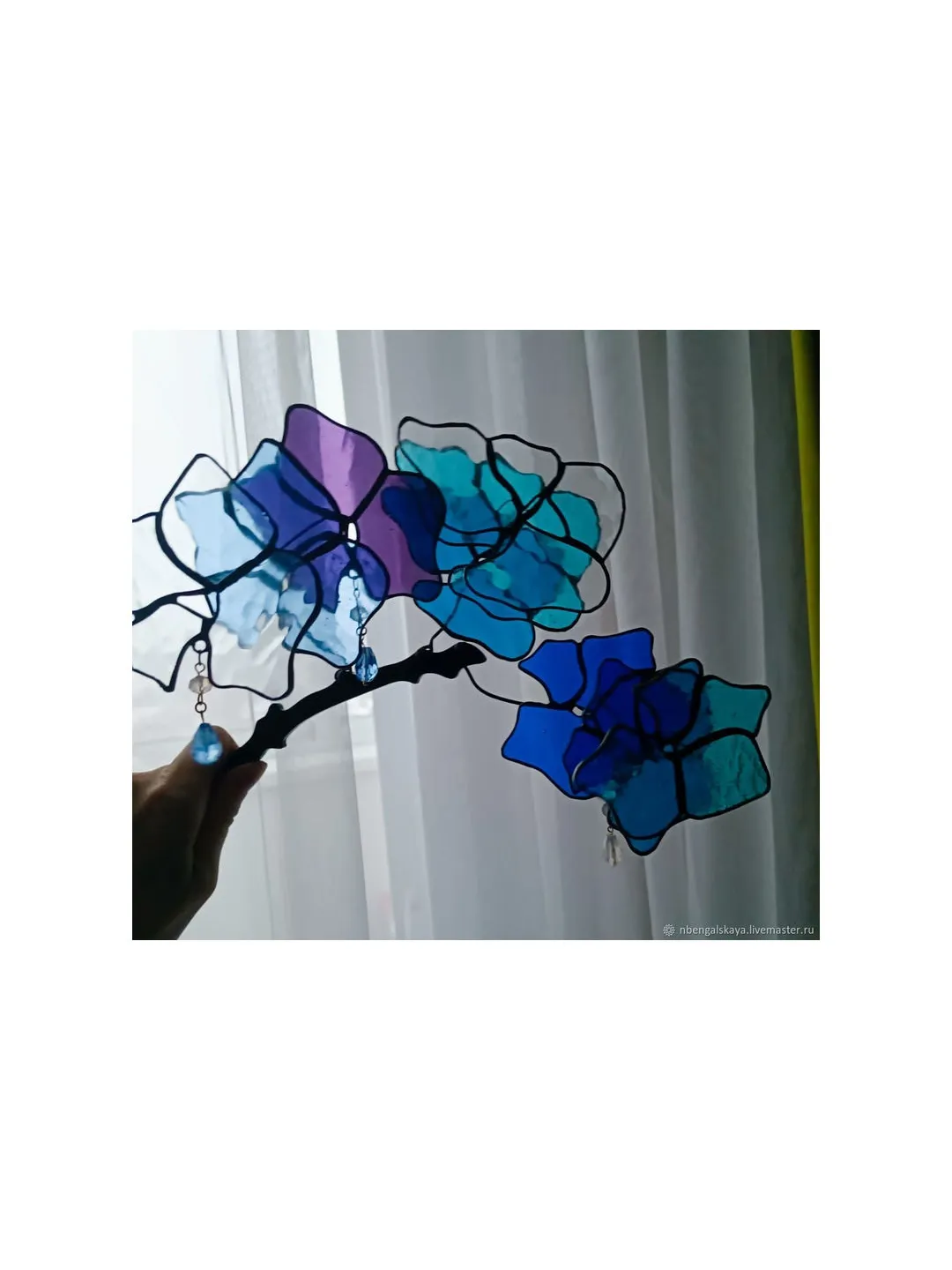 3D Blue-Turquoise Branch, 3D Blue-Turquoise Floral Branch in Stained Glass, 3D Stained Glass Branch with Blue and Turquoise Flowers, Blue and Turquoise 3D Stained Glass Stem, 3D Blue-Green Flowering Branch in Stained Glass, Stained Glass 3D Branch in Blue