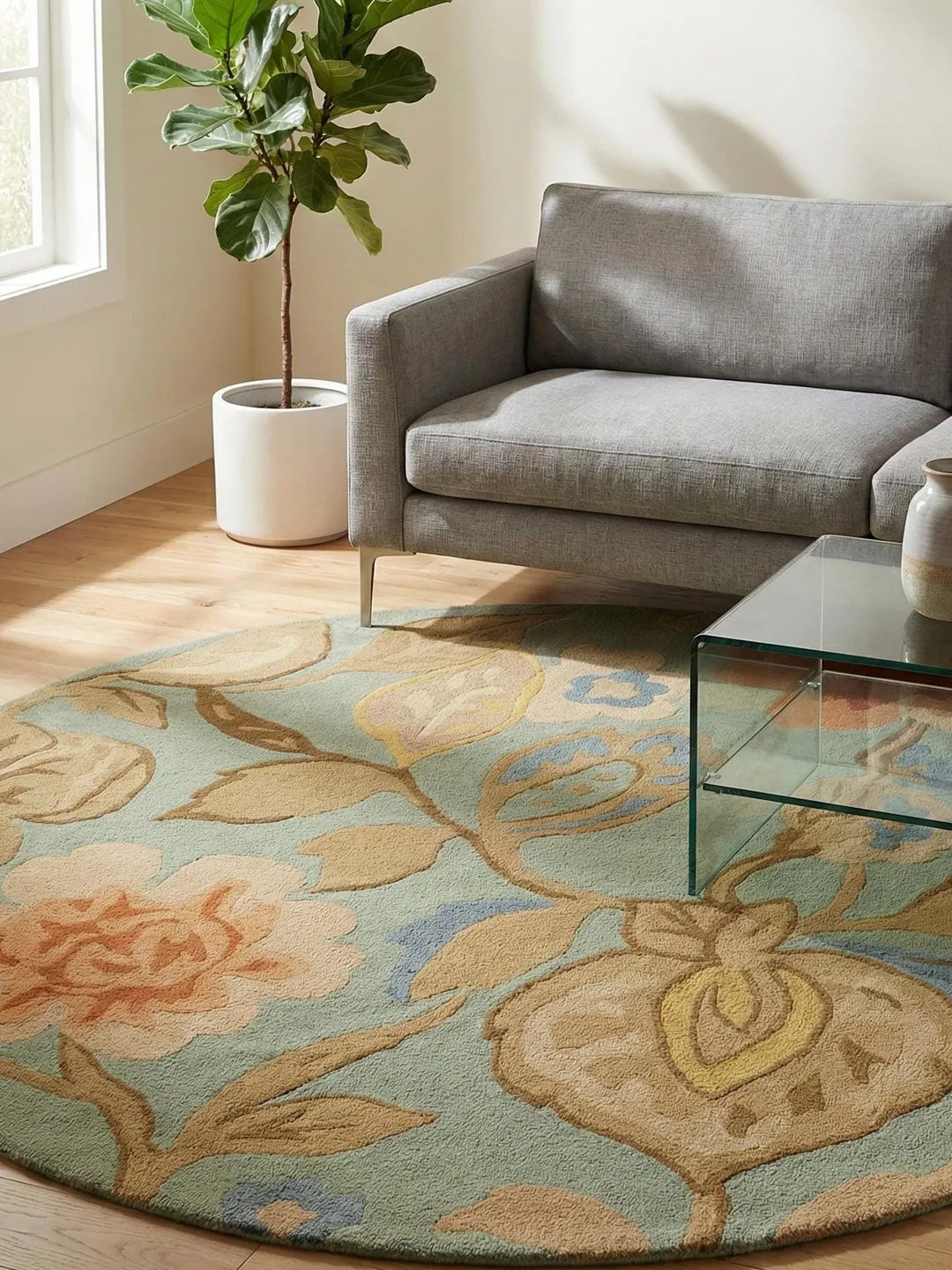 Hand Tufted Blue Floral Rug with Modern Botanical Design.