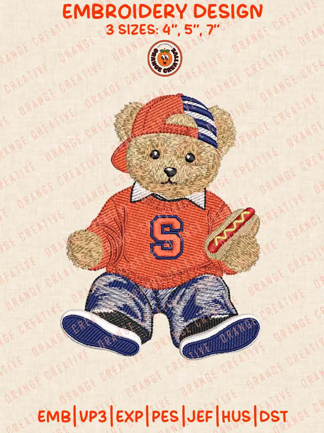 Cute Teddy Bear Syracuse Orange Logo Embroidery Files, NCAA Team Embroidery Design, Machine Embroidery Design File, 4 Sizes, Custom Size, Digital Download