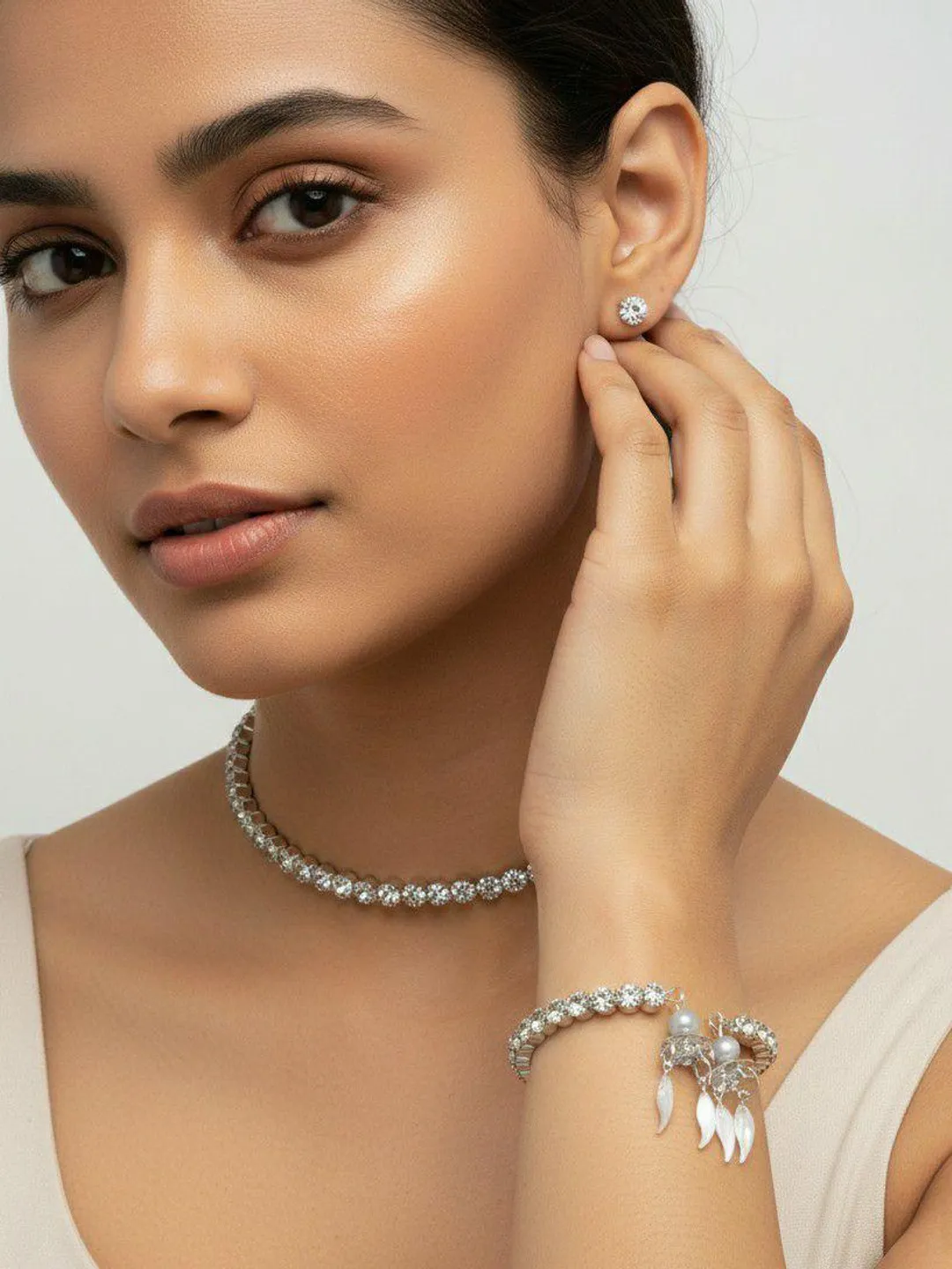 Silver Crystal Jewelry Set - Rhinestone Choker Necklace, Bracelet & Stud Earrings