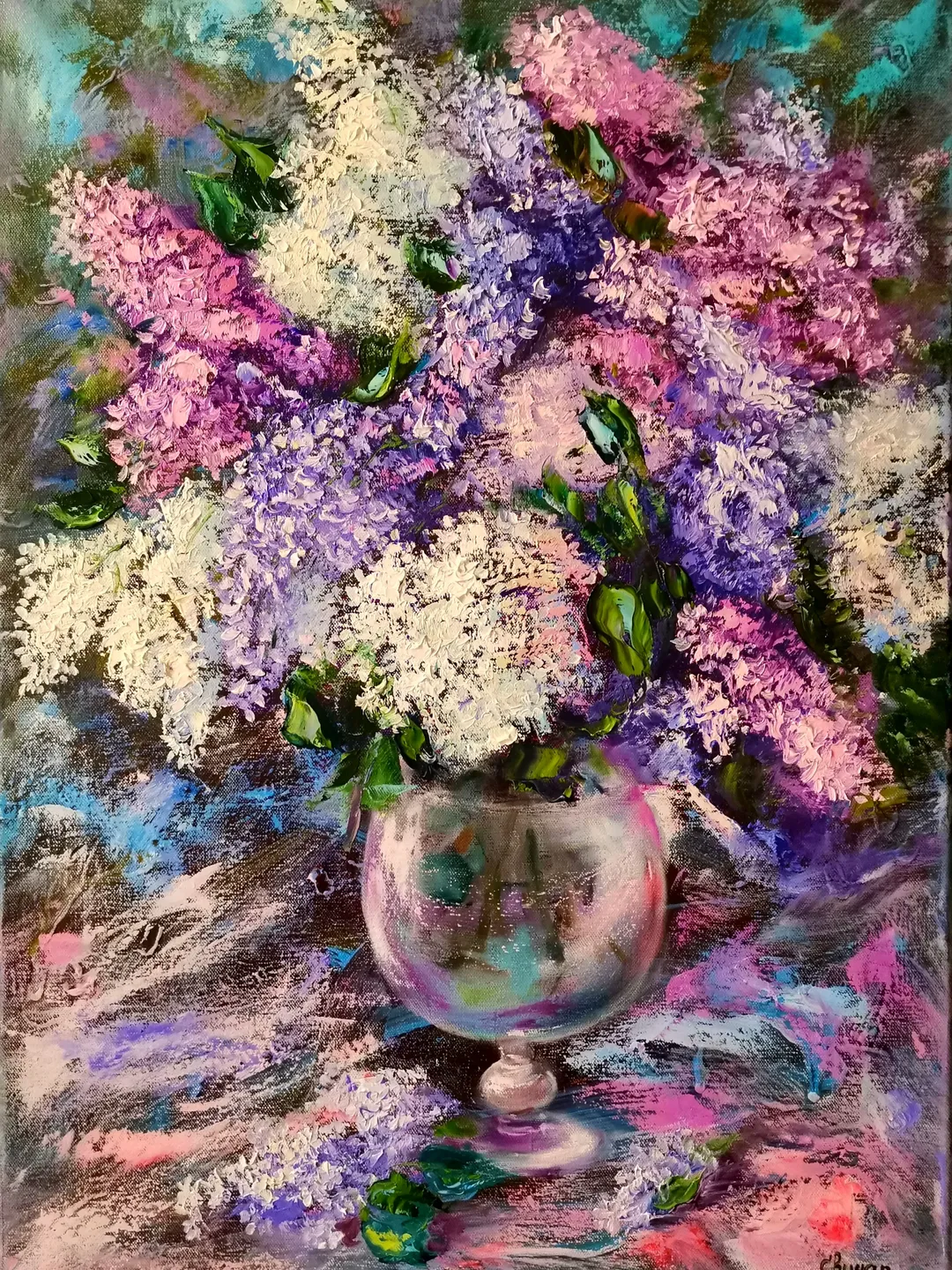 Lilac Flowers Impasto Big Oil Painting on Canvas Original Artist Svinar Oksana