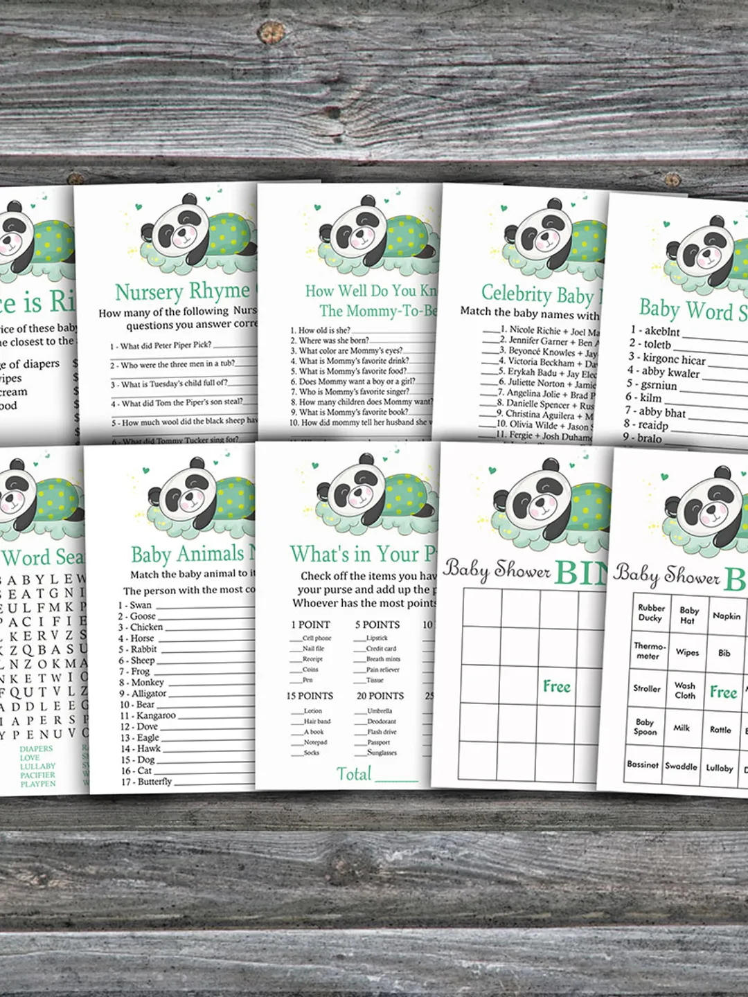 Sleeping panda baby shower games bundle,Jungle Baby Shower games package,Fun Baby Shower Games,9 Printable Games-302