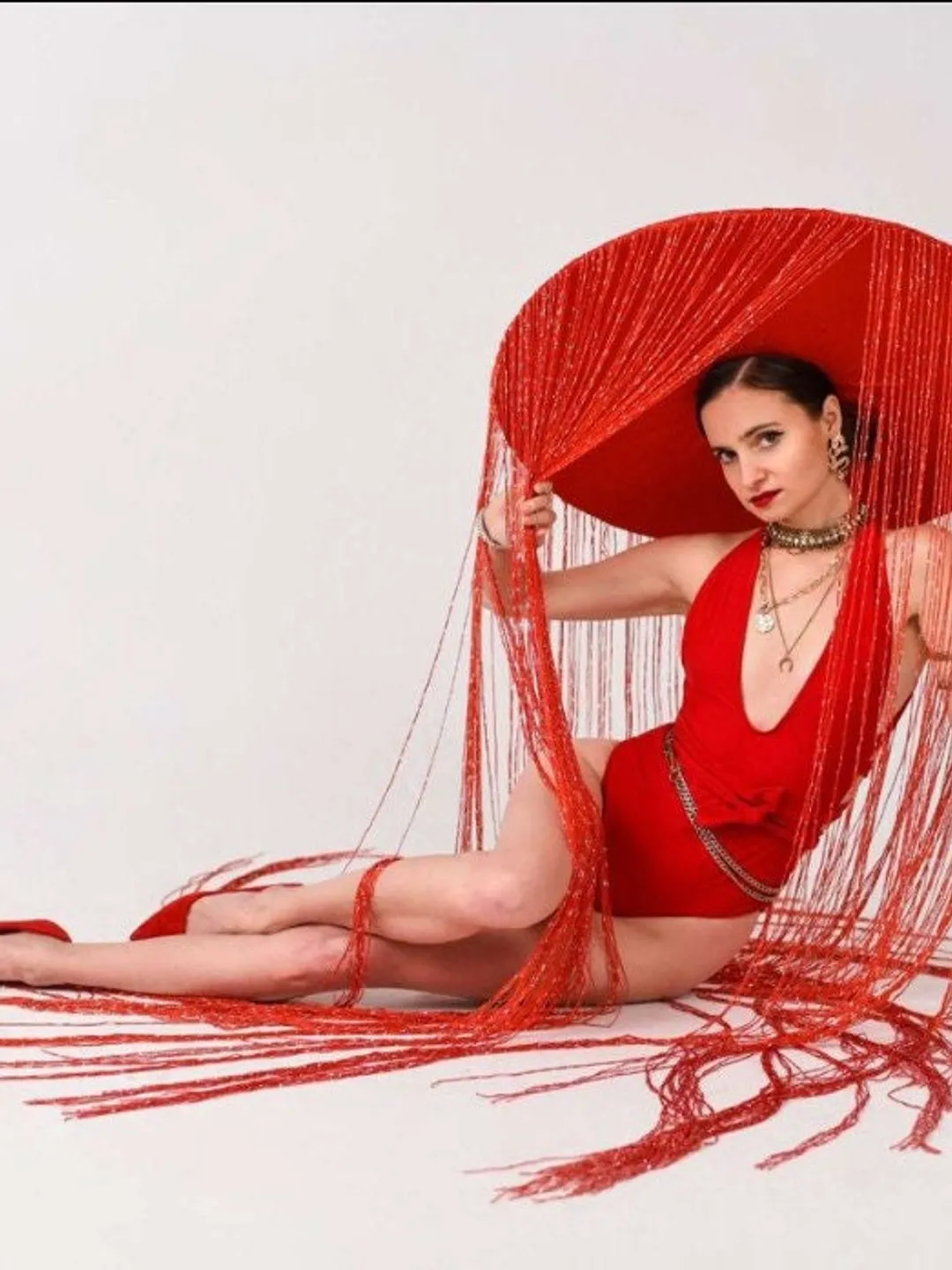 fringe hat, photo shoot hat, red hat, prop hat, futuristic costume, party hat