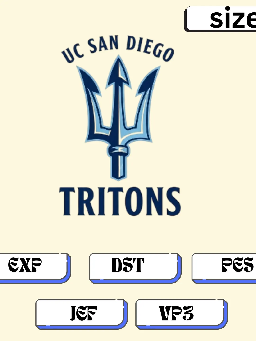 UCSD Tritons Trident Embroidery Pattern | Multi-Size Machine Digitized File | DST, PES, JEF, EXP, VP3