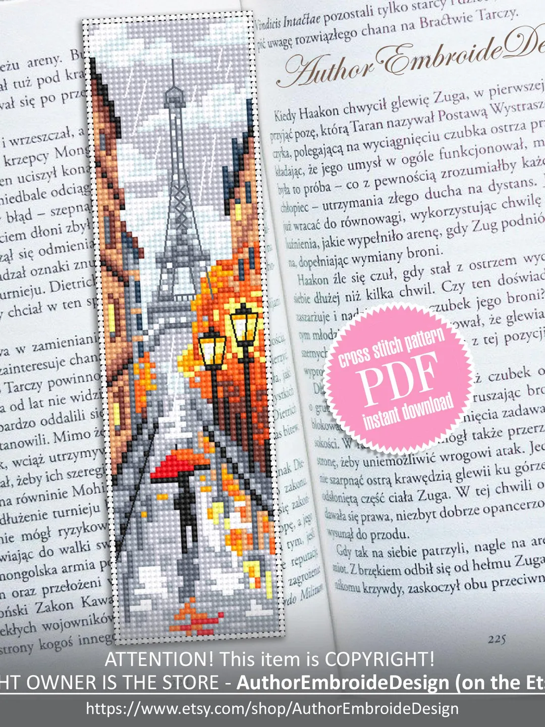 Paris bookmark cross stitch pattern PDF download Autumn Paris cross stitch chart, Needlepoint bookmark pattern digital, Eiffel Tower #B472