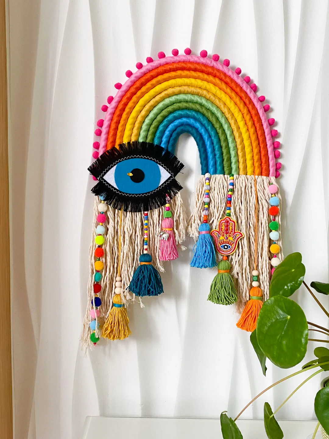 Boho home decor, Large rainbow wall hanging, Evil eye and Hamsa hand home decor, Mother day gift, Hippie stuff