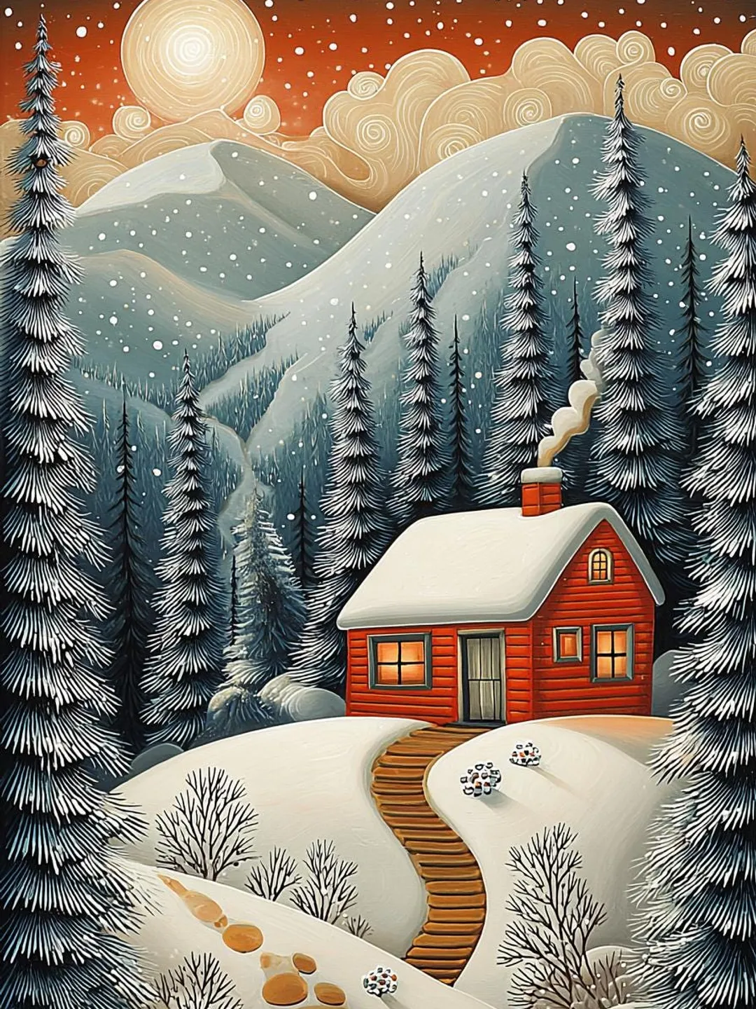 24 Scandinavian Folk Art Winter Landscape, Nordic Cabin in Snow Scene, Cozy Hygge Digital Download PNGs