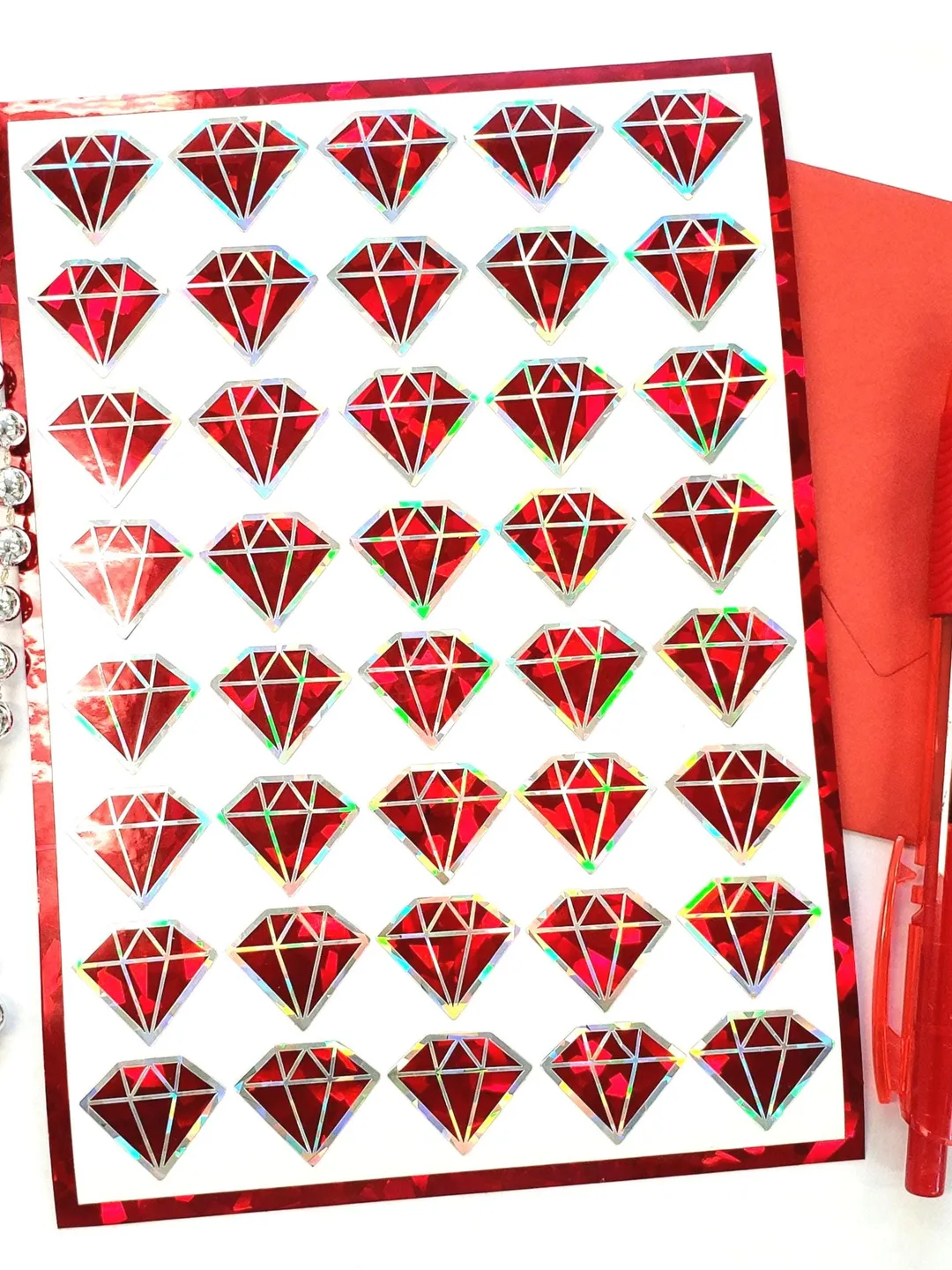 Ruby Diamond Stickers, Sparkly Red Gem Decals, Set of 40