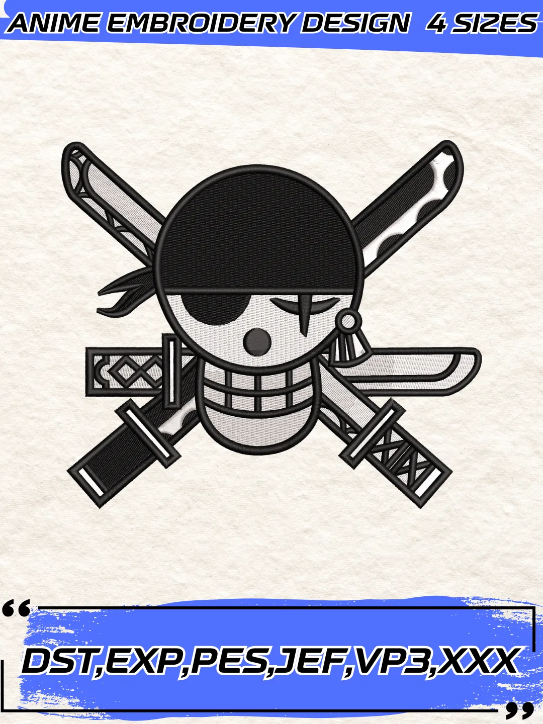 Zoro Logo Black Embroidery Design,One Piece Anime Embroidery