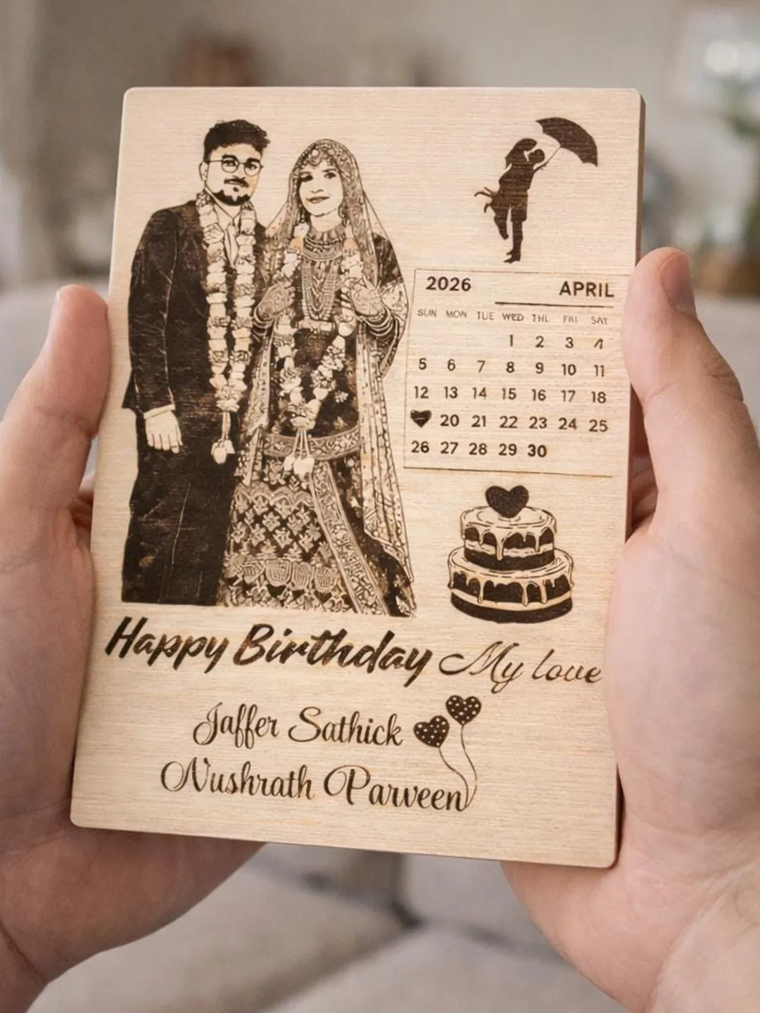 Personalized Photo Engraved Wood Plaque | Custom Birthday Gift for Wife or Husband | Romantic Anniversary Keepsake with Calendar