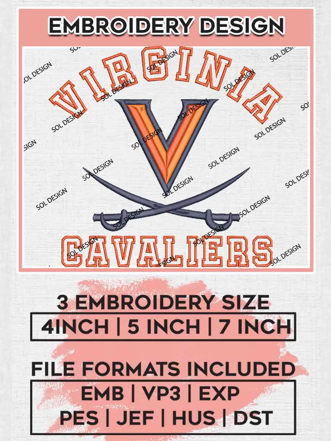 NCAA Virginia Cavaliers Logo Embroidery Designs, NCAA Logo Embroidery files, NCAA Team, College Rugby Team Machine embroidery designs, Digital Download