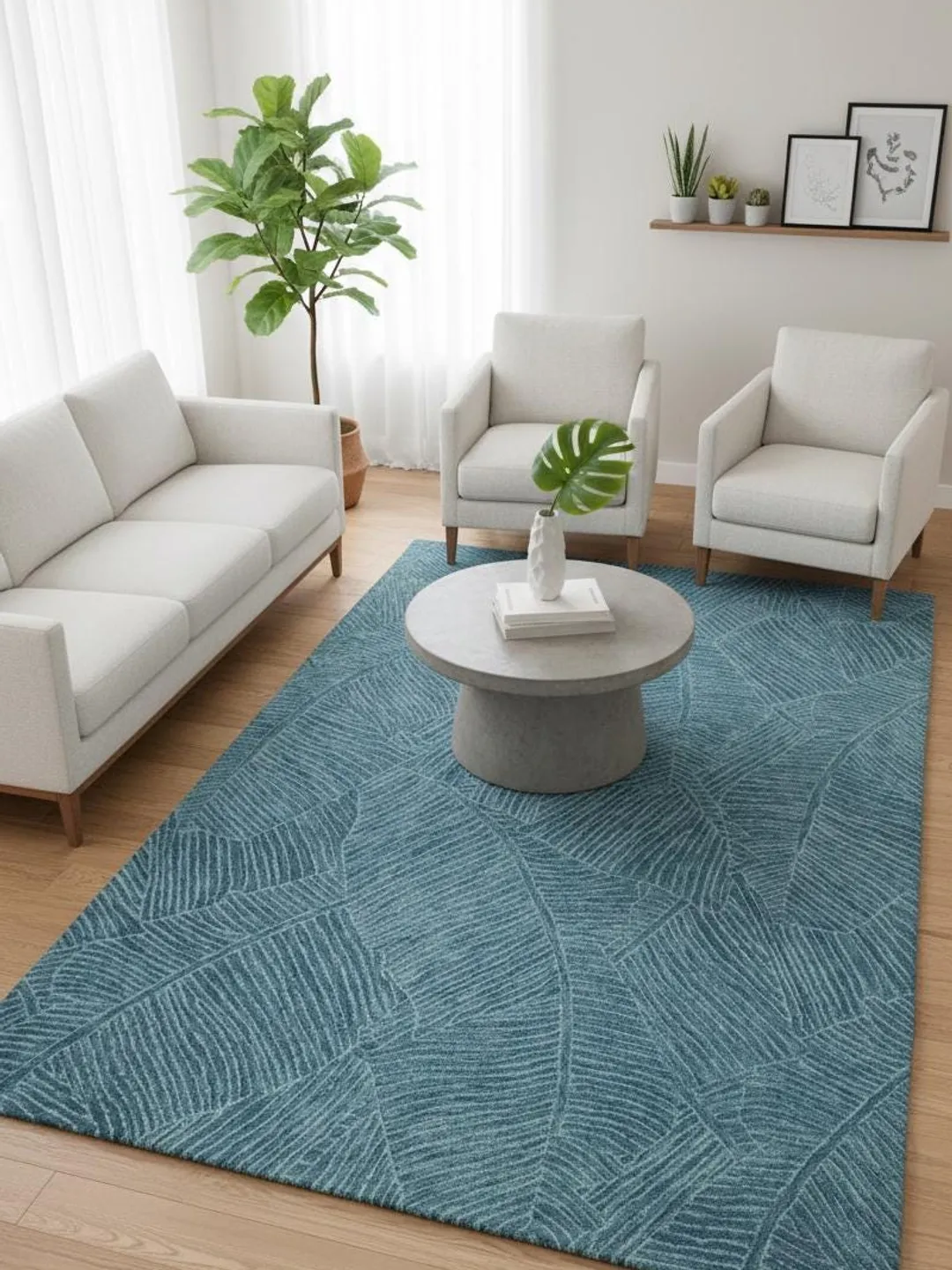 Teal Blue Tropical Leaf Hand Tufted Wool Area Rug, Botanical Living Room Carpet