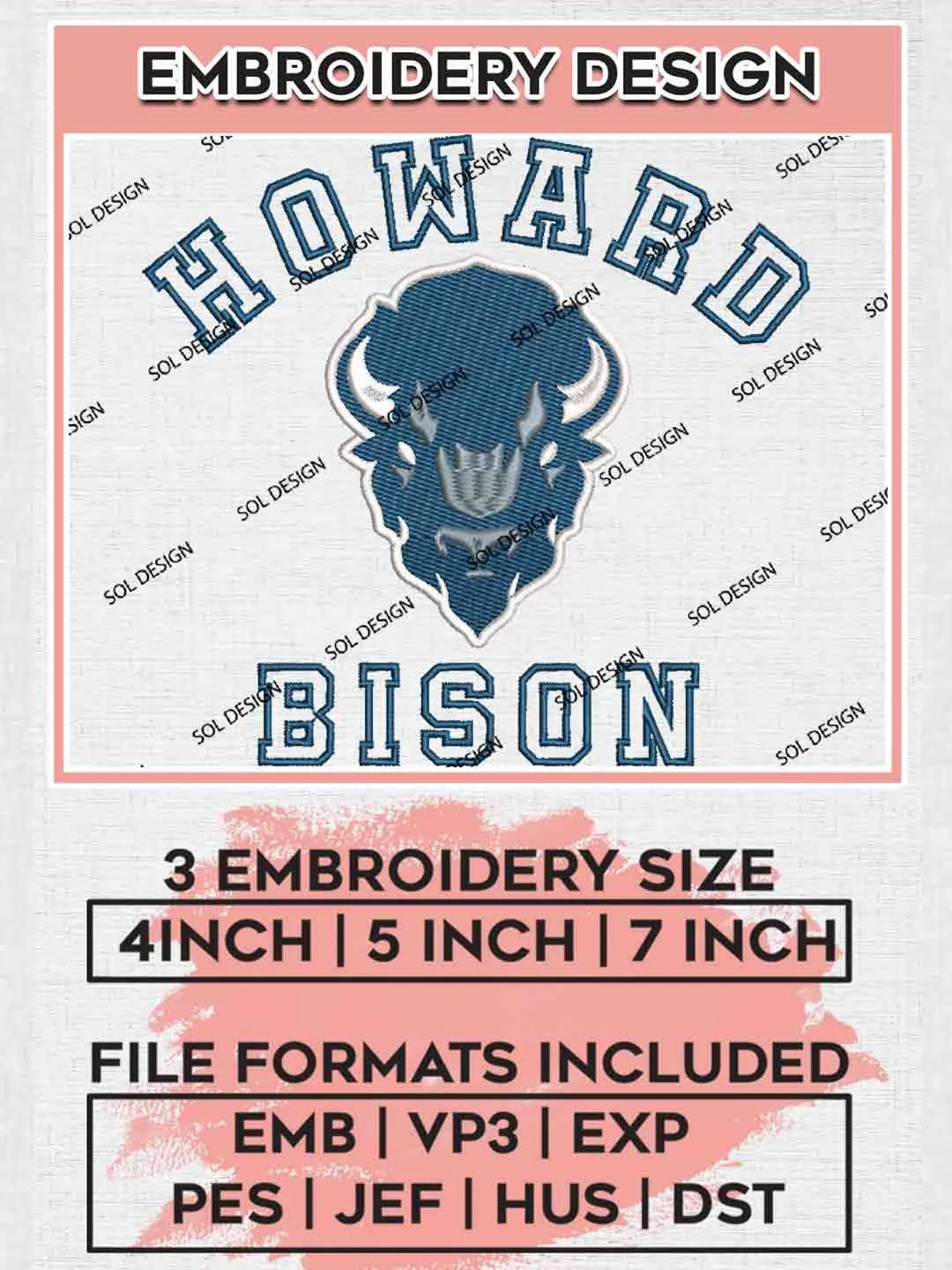 NCAA Howard Bison Logo Embroidery Designs, NCAA Logo Embroidery files, NCAA Team, College Rugby Team Machine embroidery designs, Digital Download