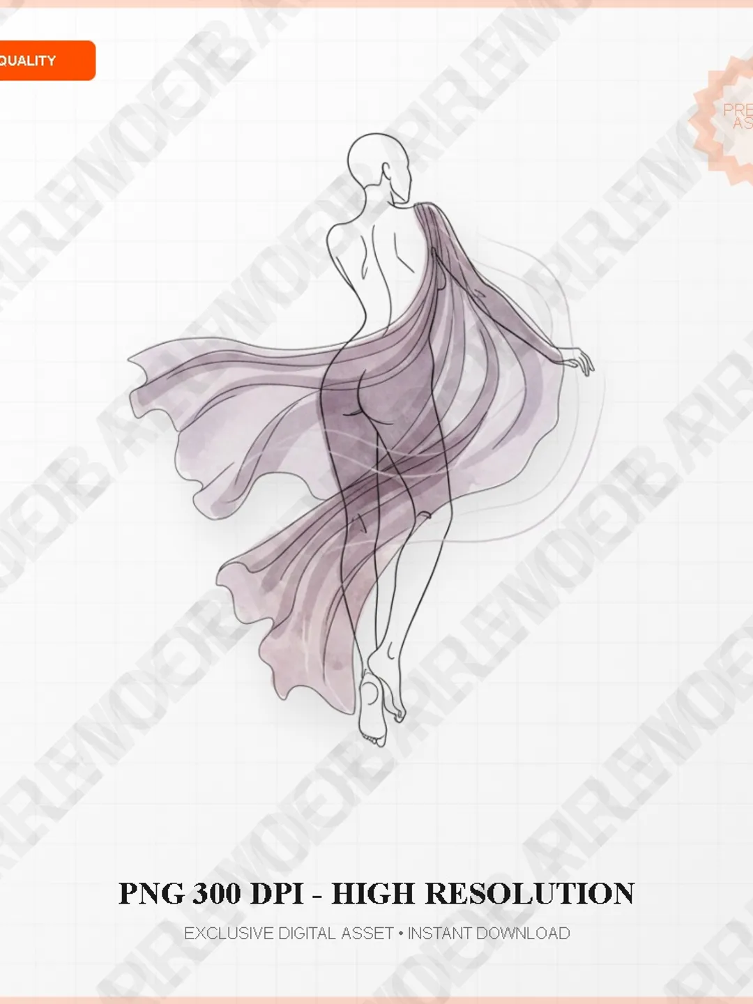 Ethereal Female Silhouette Line Drawing, Aesthetic Watercolor Fabric Digital PNG Art Asset